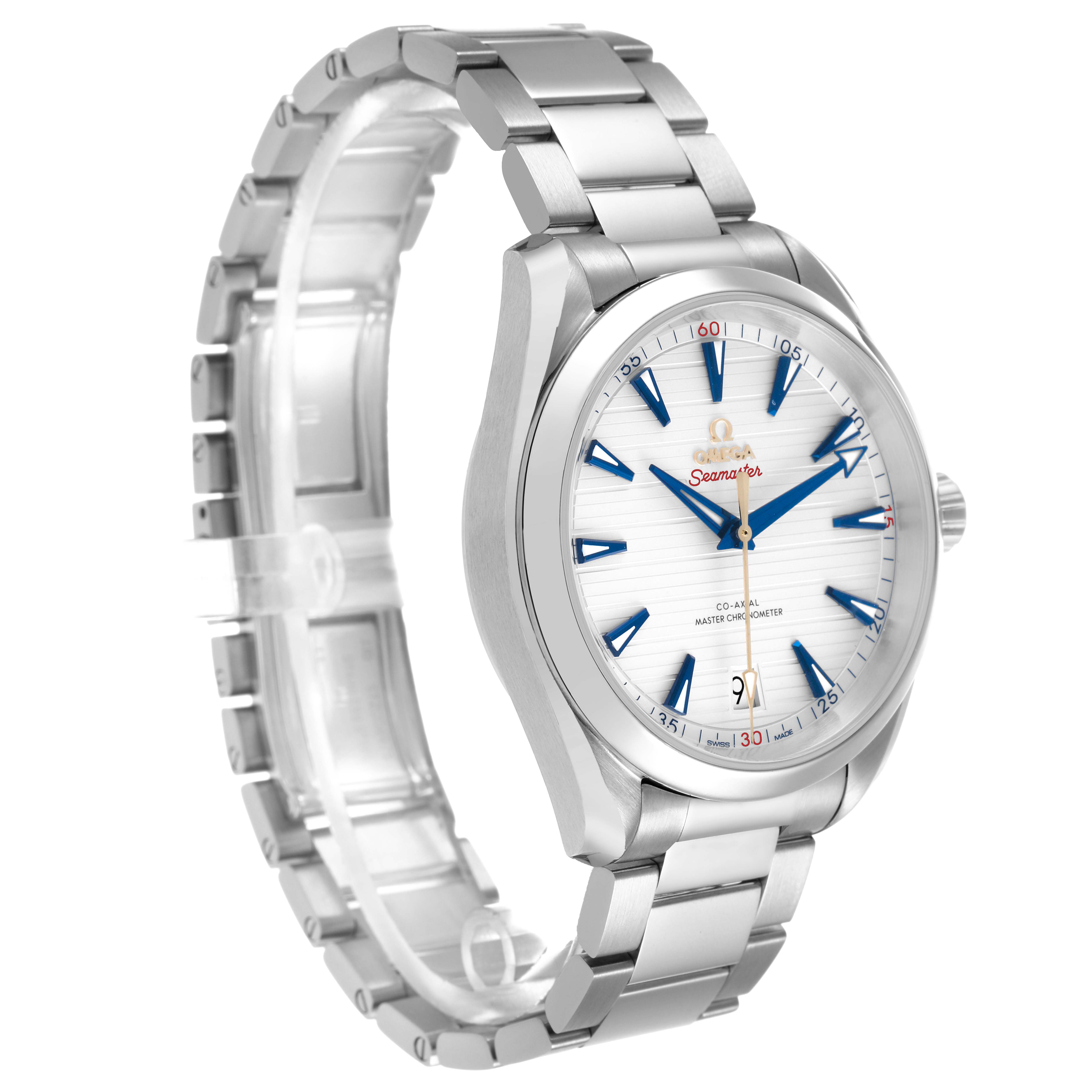 The Omega Seamaster 220.12.41.21.02.004 Men's Stainless Steel Silver Dial watch is shown at a three-quarter angle, highlighting the face, bezel, and bracelet.