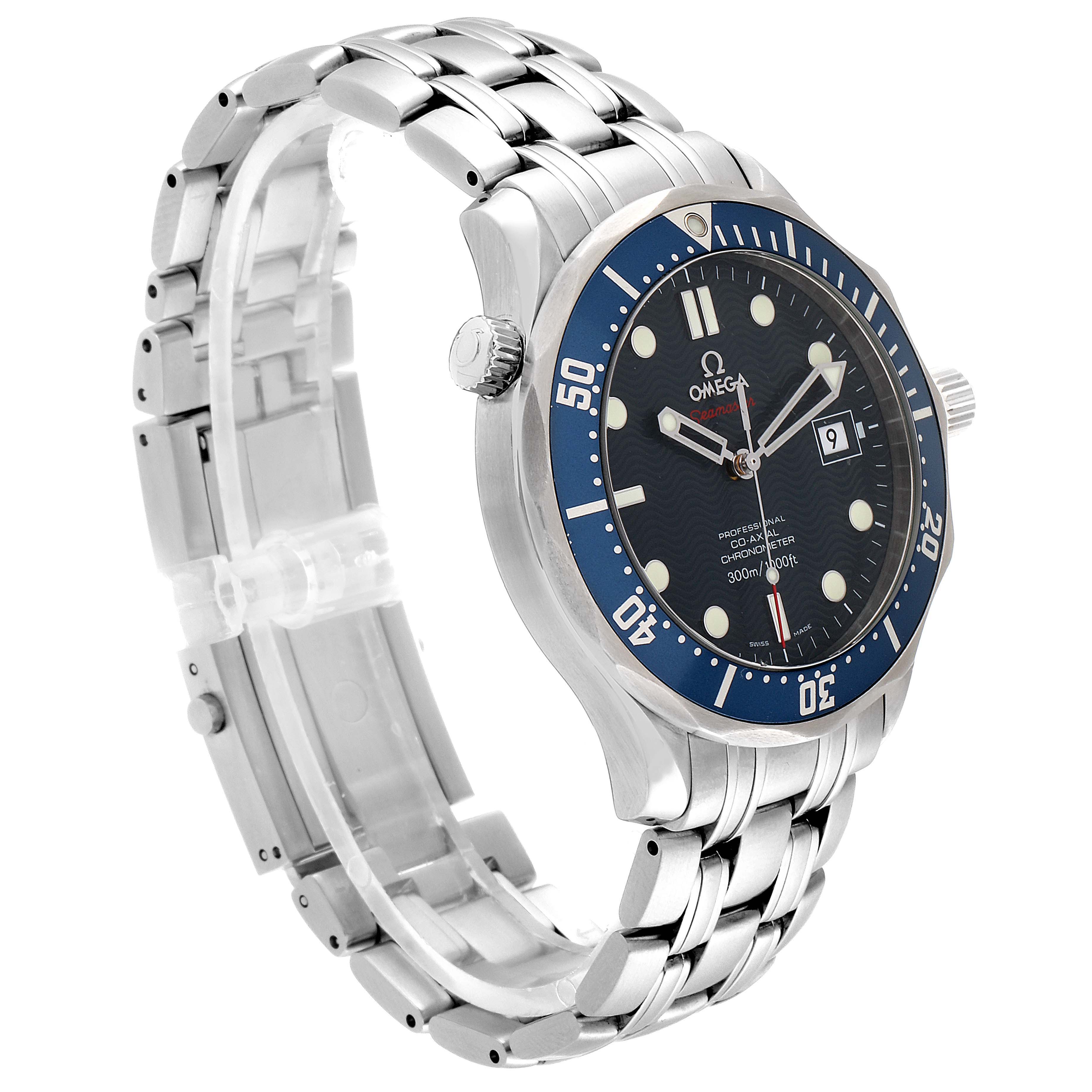 The image shows a side angle of an Omega Seamaster 2220.80.00 Men
s Stainless Steel Blue Dial 2220.80.00 Men
s Stainless Steel Blue Dial watch, highlighting its bezel, dial, crown, and stainless steel bracelet.