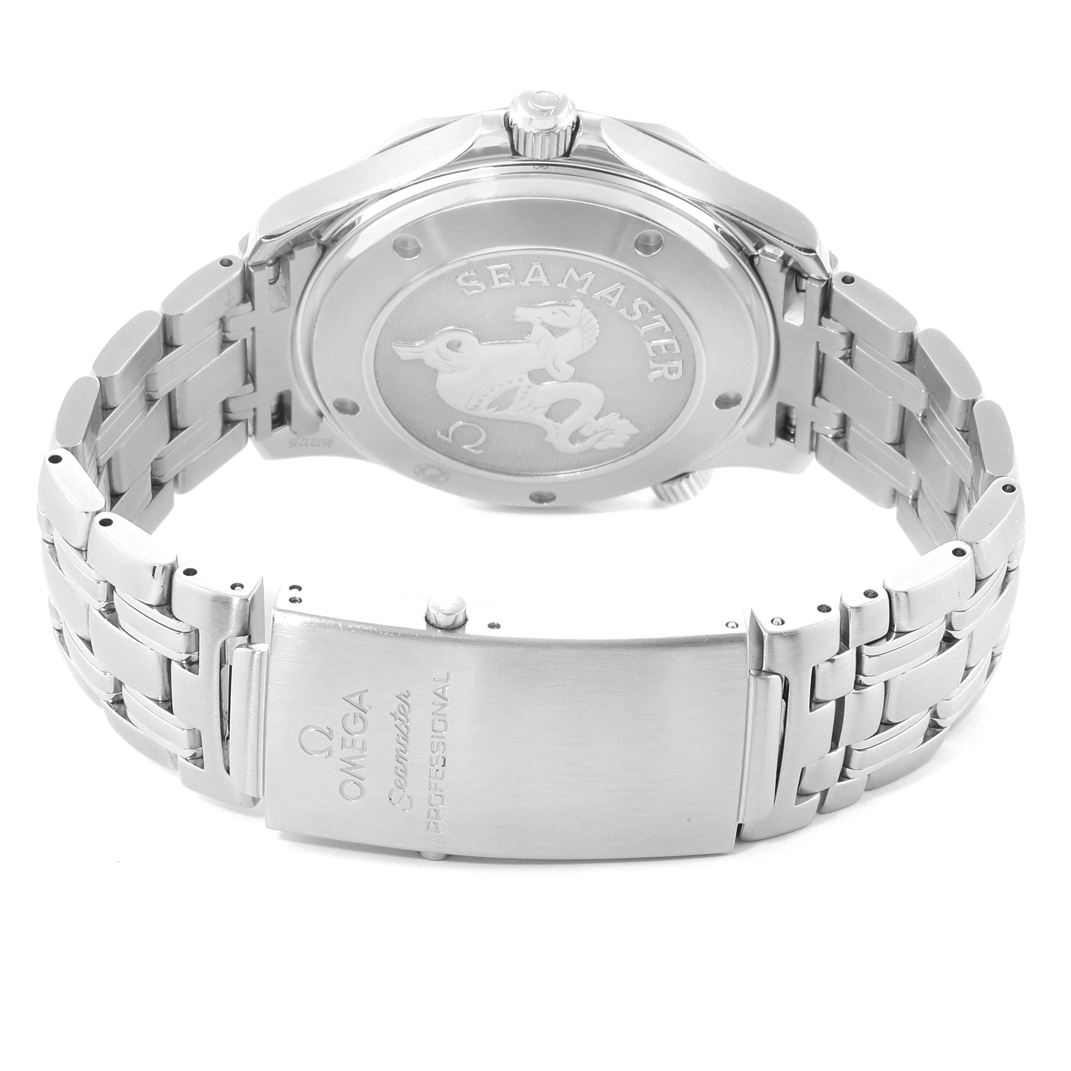 The image shows the back case and bracelet clasp of an Omega Seamaster 2220.80.00 Men
s Stainless Steel Blue Dial 2220.80.00 Men
s Stainless Steel Blue Dial watch from a rear angle.