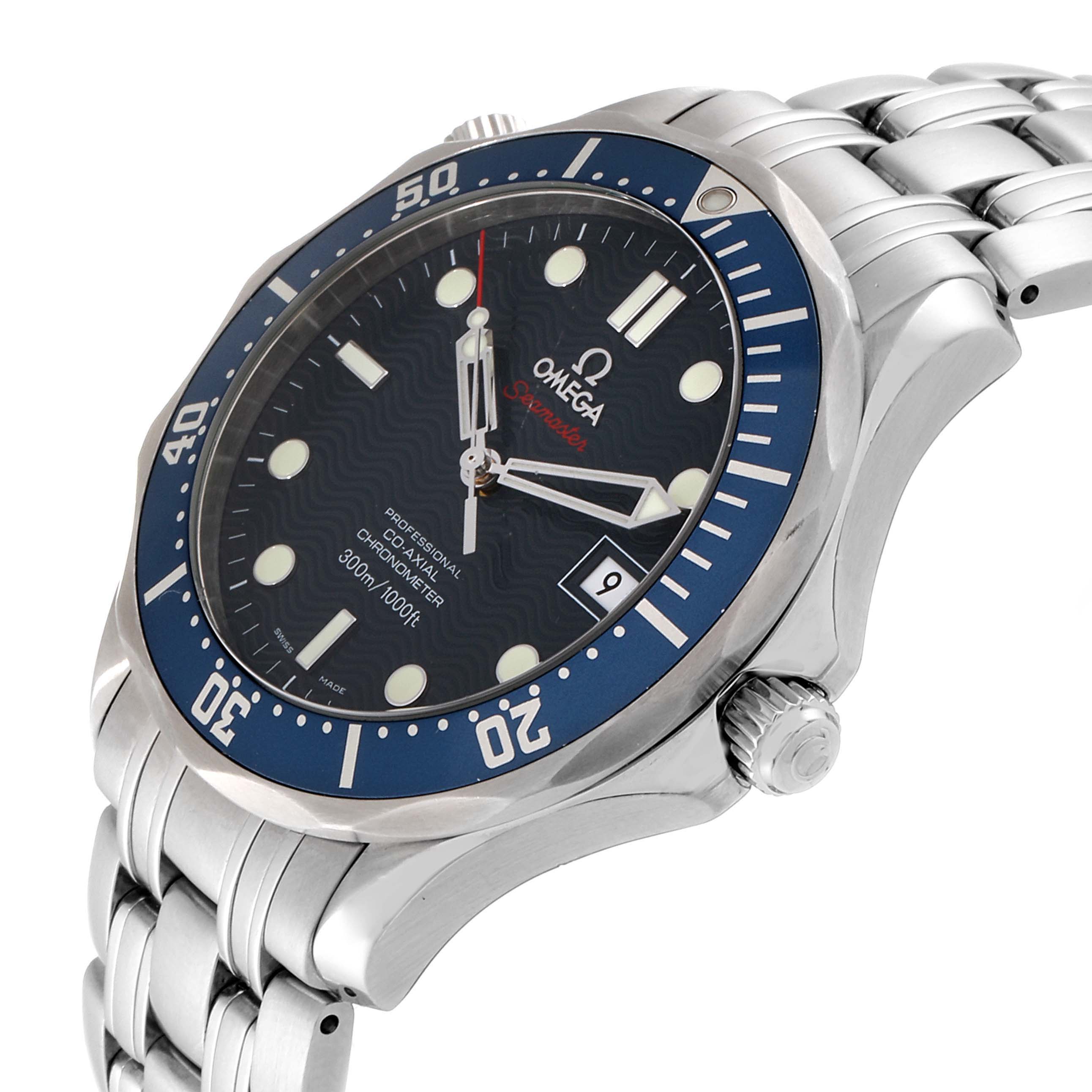 The Omega Seamaster 2220.80.00 Men
s Stainless Steel Blue Dial 2220.80.00 Men
s Stainless Steel Blue Dial watch is shown at an angled side view, displaying the face, date window, crown, and part of the stainless steel bracelet.