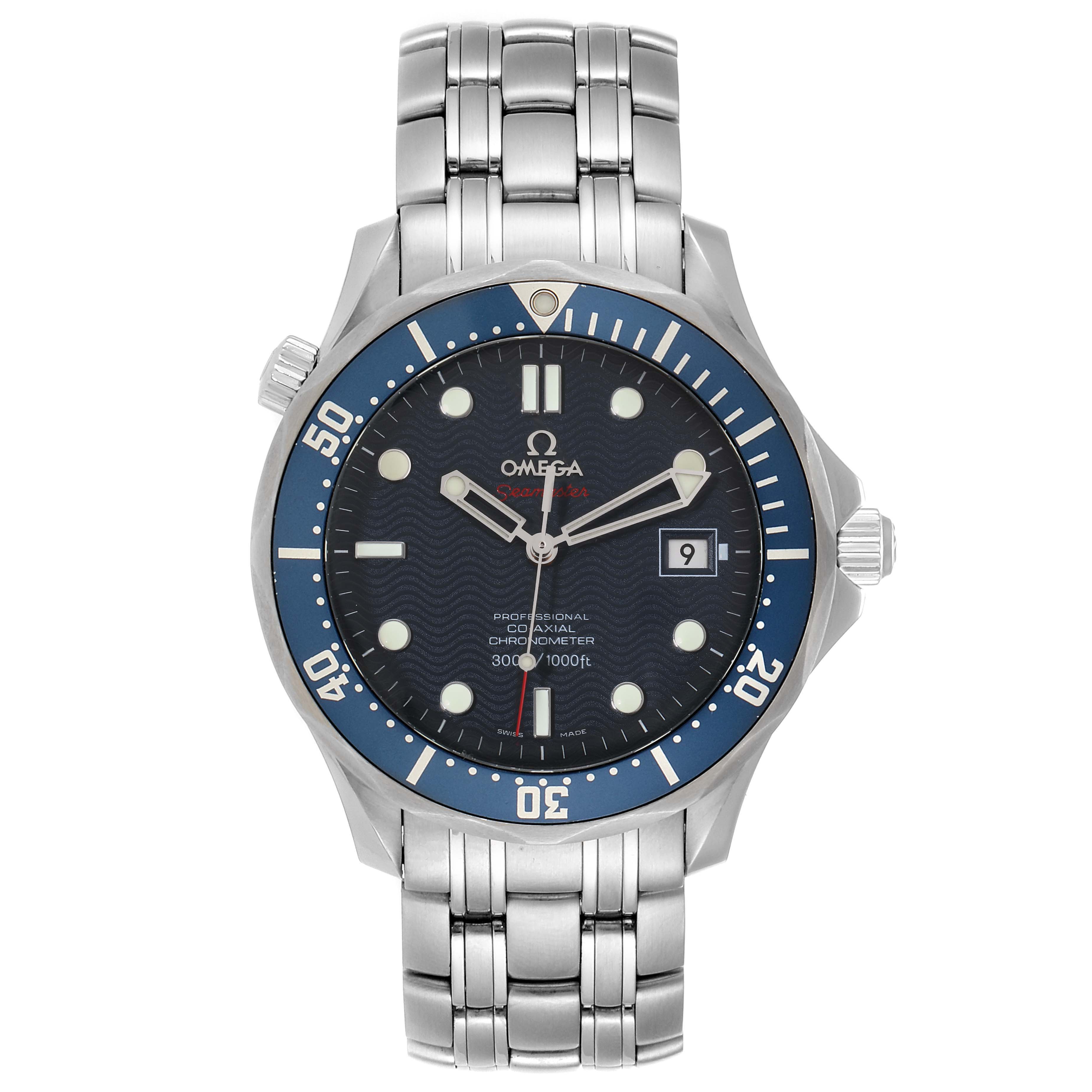 The Omega Seamaster 2220.80.00 Men
s Stainless Steel Blue Dial 2220.80.00 Men
s Stainless Steel Blue Dial watch is shown from the front, displaying its dial, bezel, crown, and stainless steel bracelet.