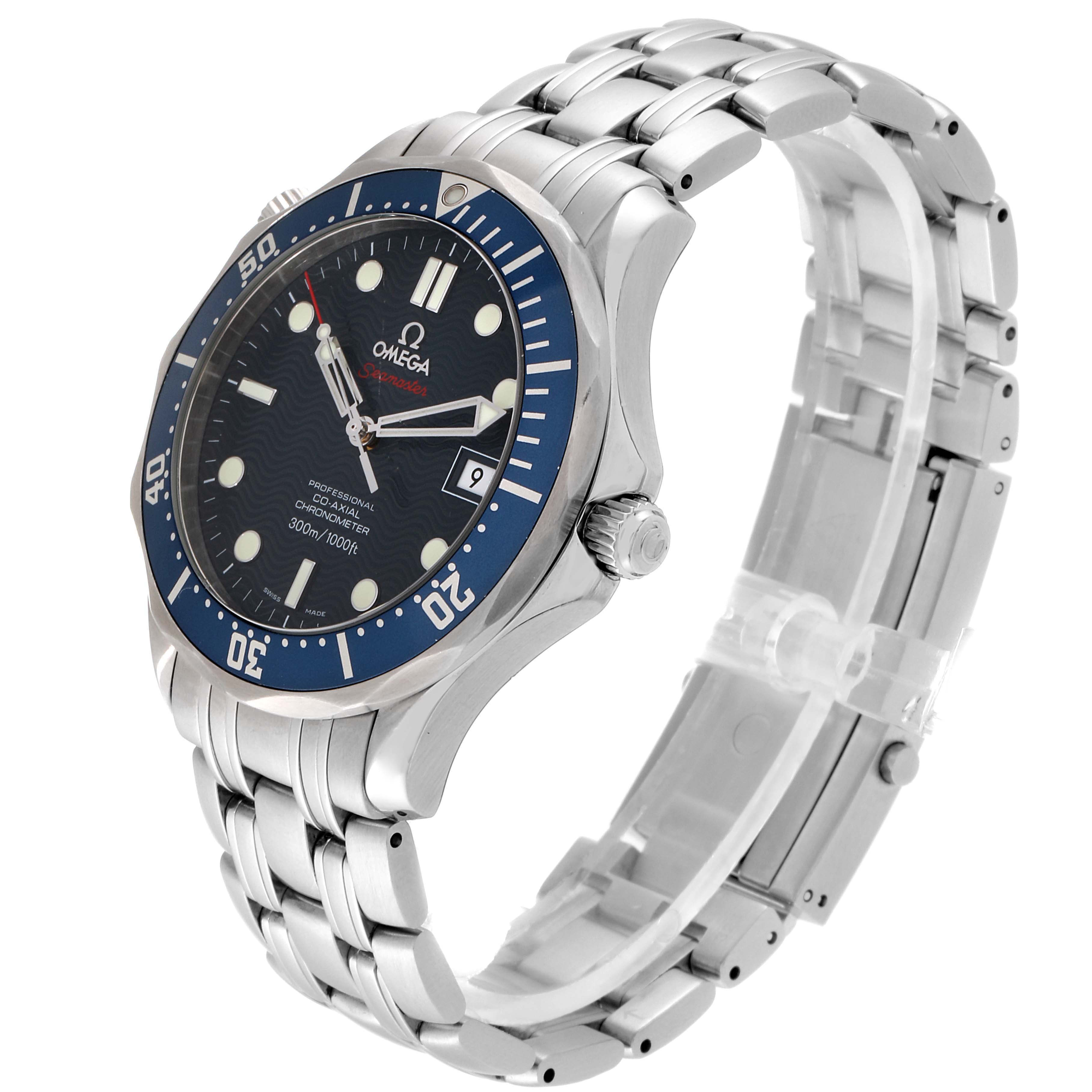 The Omega Seamaster 2220.80.00 Men
s Stainless Steel Blue Dial 2220.80.00 Men
s Stainless Steel Blue Dial watch is shown at a three-quarter angle, displaying the face, bezel, crown, and bracelet.
