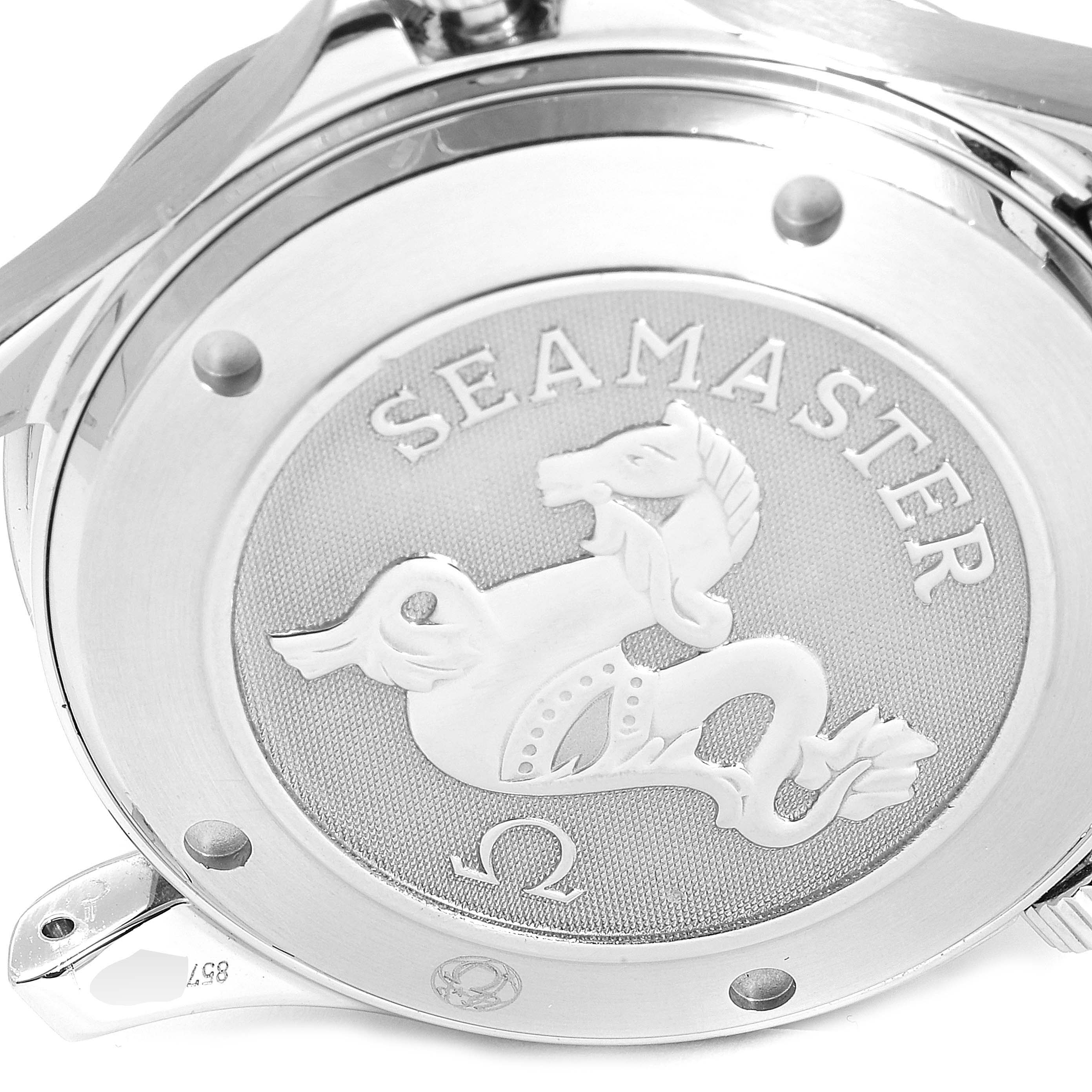 A close-up of the Omega Seamaster 2220.80.00 Men
s Stainless Steel Blue Dial 2220.80.00 Men
s Stainless Steel Blue Dial watch case back showing the engraved logo and text.