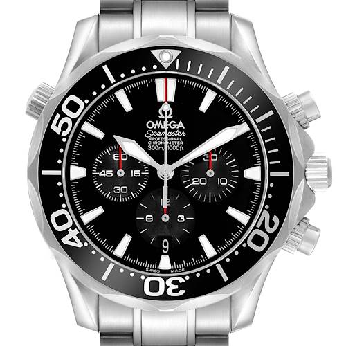 The Omega Seamaster 2594.52.00 Men's Stainless Steel Black Dial watch is shown from the front, highlighting the dial, bezel, and chronograph sub-dials.