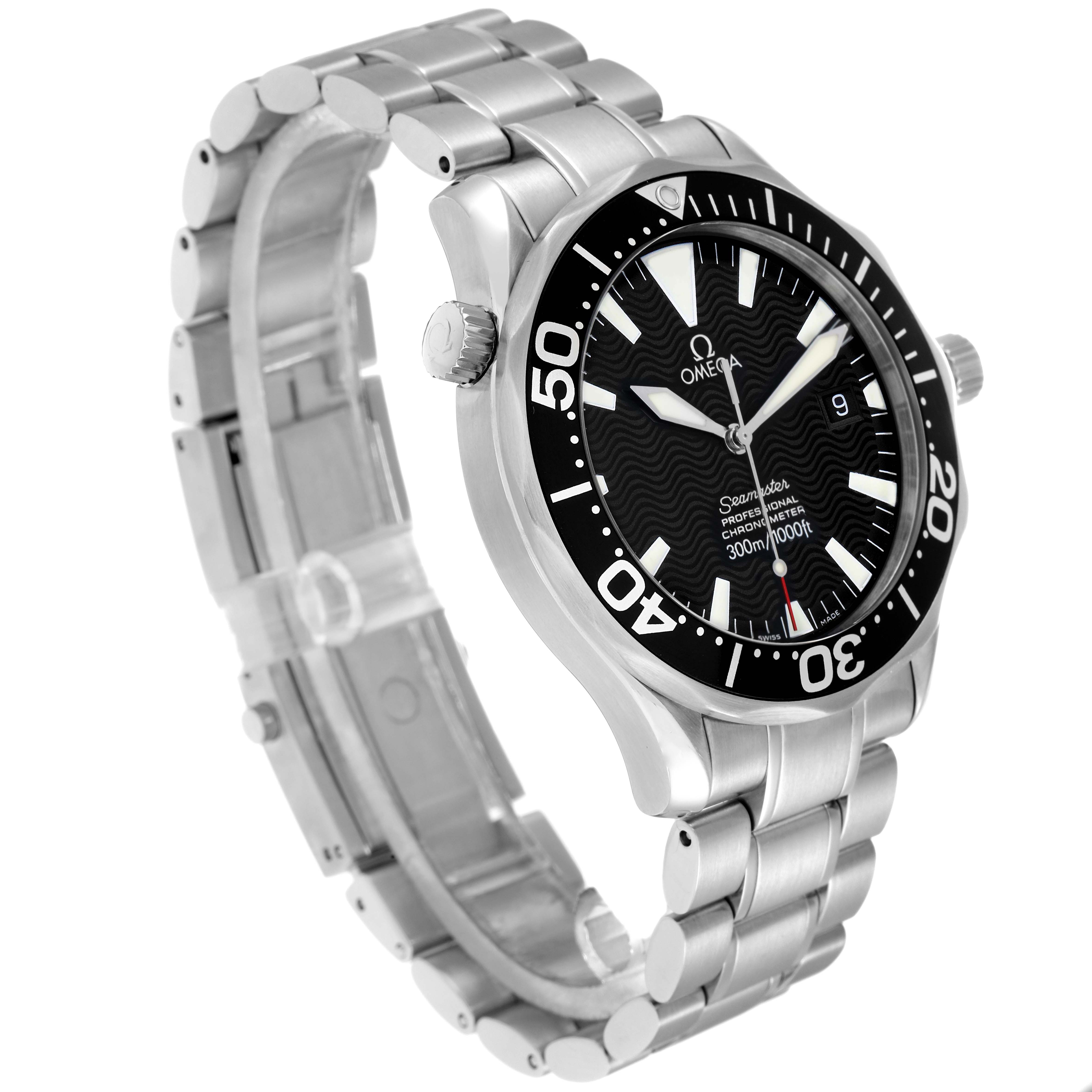 The Omega Seamaster 2254.50.00 Men
s Stainless Steel Black Dial watch is shown at a three-quarter angle, displaying its face, bezel, crown, and a portion of its metal bracelet.