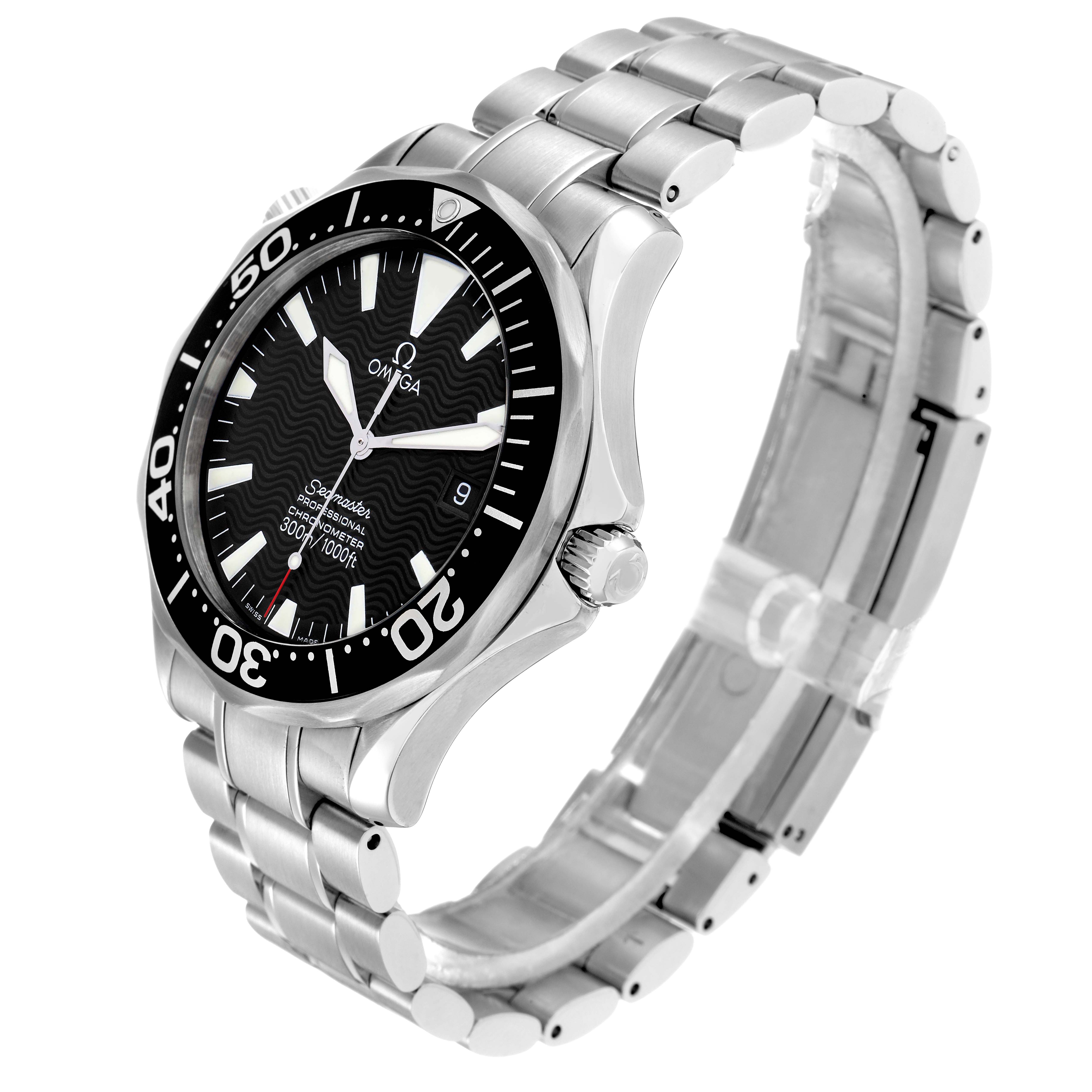 The Omega Seamaster 2254.50.00 Men
s Stainless Steel Black Dial watch is shown at a three-quarter angle, highlighting the face, bezel, crown, and stainless steel bracelet.