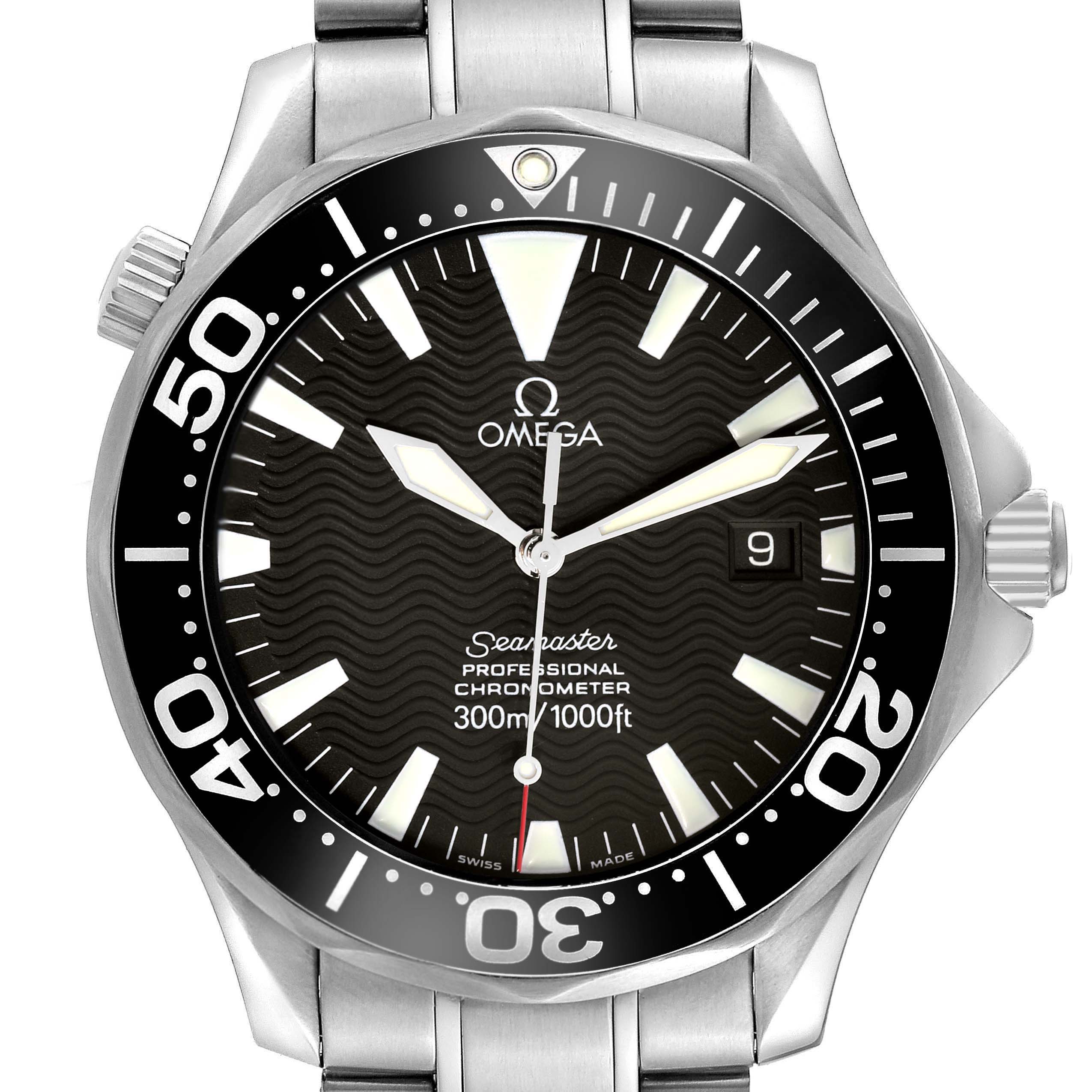 The Omega Seamaster 2254.50.00 Men
s Stainless Steel Black Dial watch is shown from the front, displaying the face, bezel, crown, and part of the bracelet.