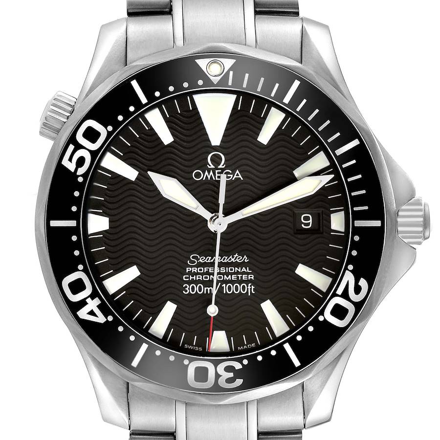 The Omega Seamaster 2254.50.00 Men's Stainless Steel Black Dial watch is shown from the front, displaying the face, bezel, crown, and part of the bracelet.