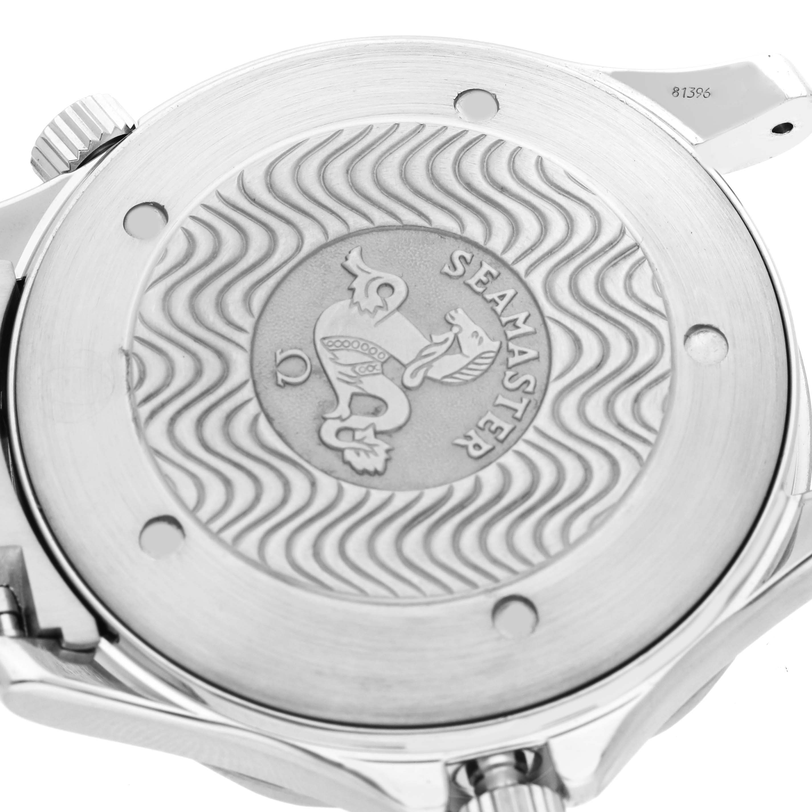 The image shows the back of an Omega Seamaster 2254.50.00 Men
s Stainless Steel Black Dial watch, highlighting its engraved design and branding.
