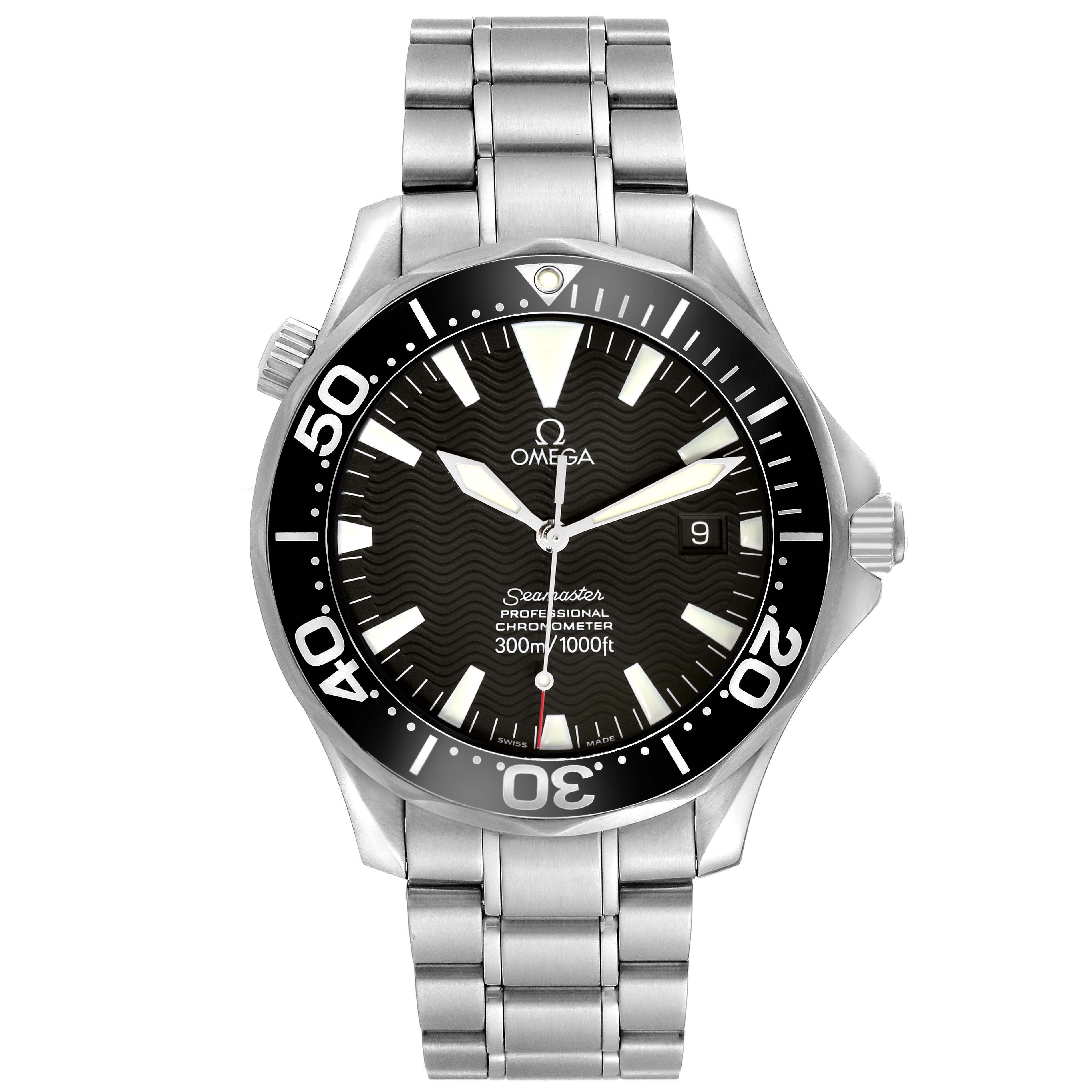 The Omega Seamaster 2254.50.00 Men
s Stainless Steel Black Dial watch is shown from the front, displaying the dial, bezel, and metal bracelet.