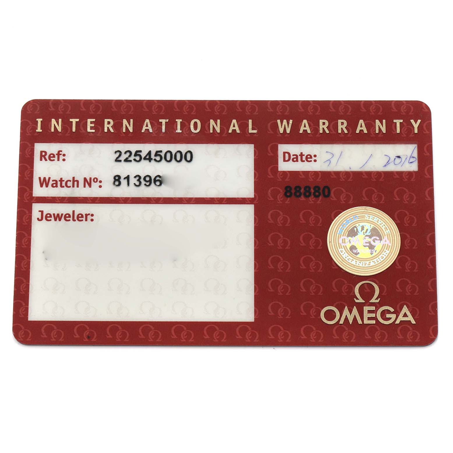 The image shows an Omega Seamaster 2254.50.00 Men
s Stainless Steel Black Dial international warranty card, displaying reference and watch numbers, and a purchase date.