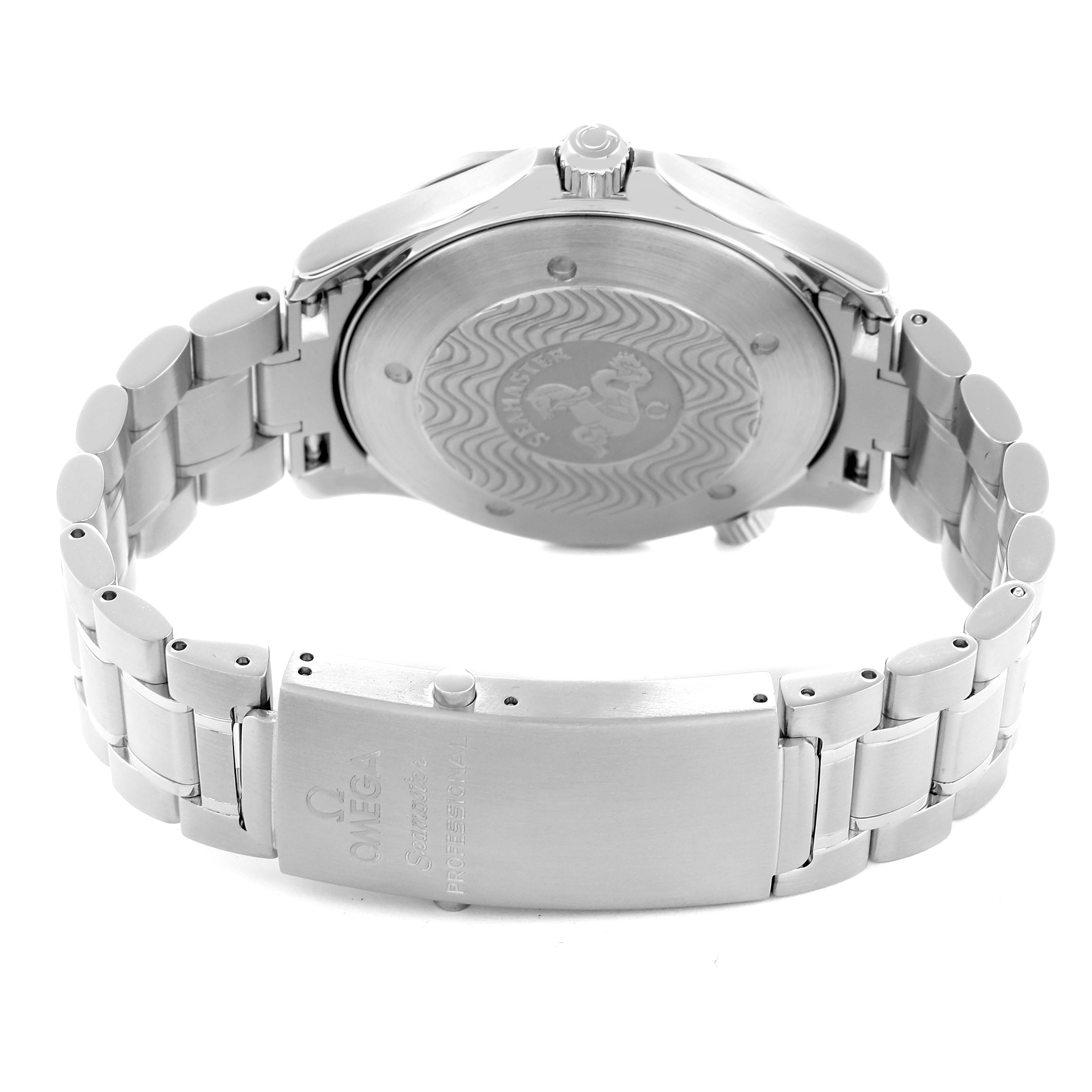 The Omega Seamaster 2254.50.00 Men
s Stainless Steel Black Dial watch is shown from the back, highlighting its case back, bracelet, and clasp.