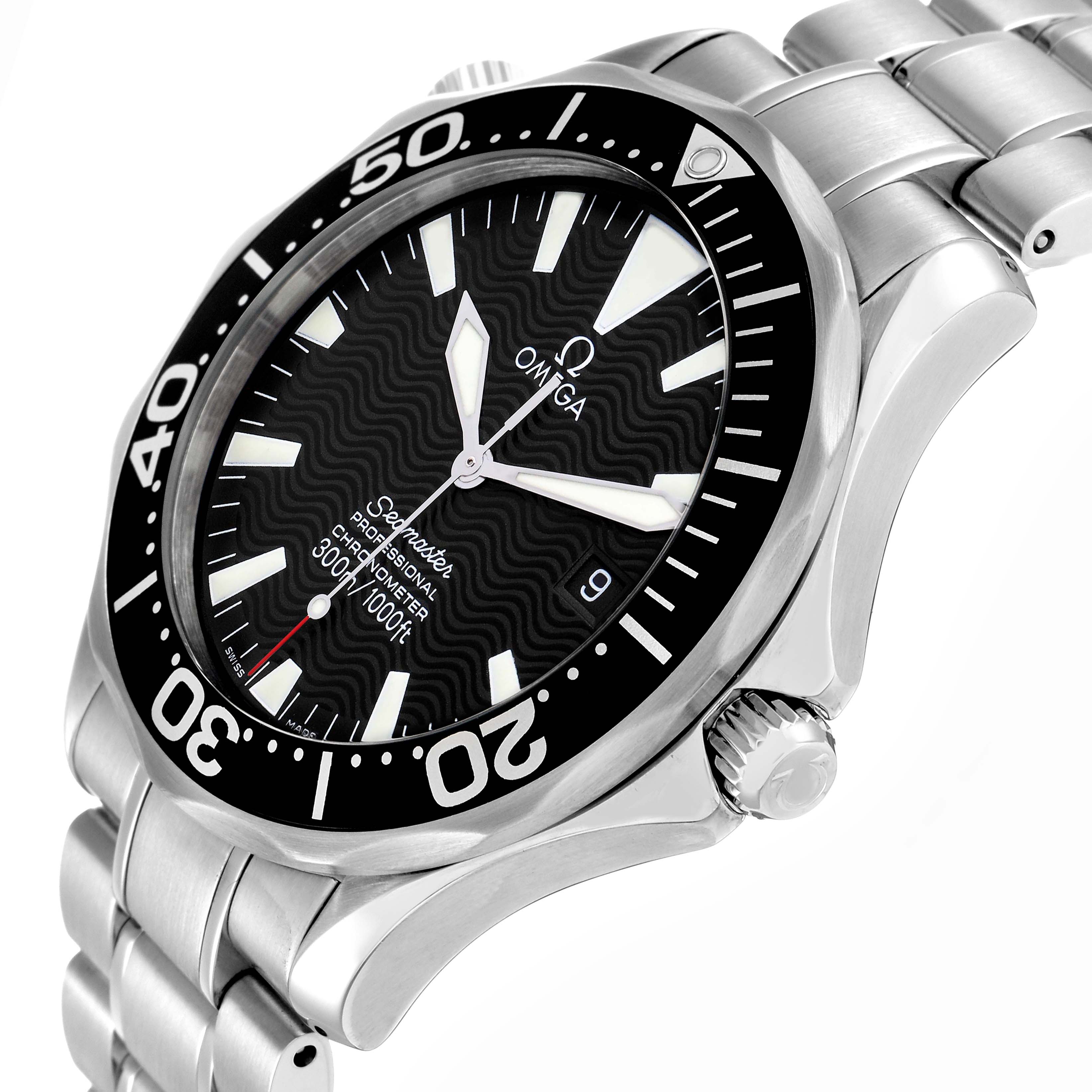 The Omega Seamaster 2254.50.00 Men
s Stainless Steel Black Dial watch is shown at an oblique angle, highlighting the dial, bezel, crown, and part of the bracelet.