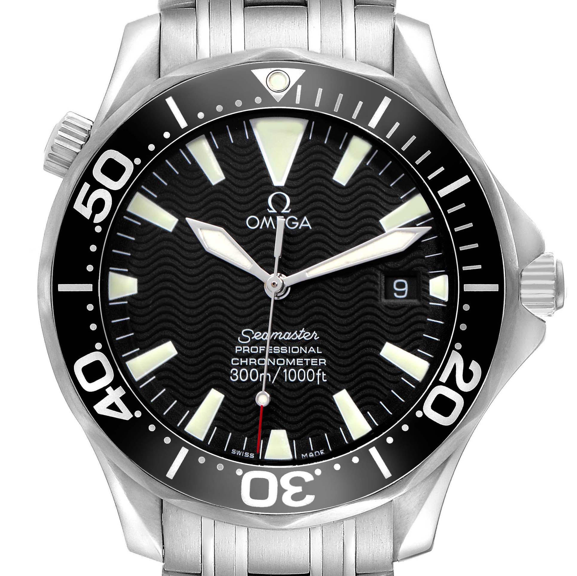 This Omega Seamaster 2254.50.00 Men
s Stainless Steel Black Dial watch is shown from a front angle, highlighting the dial, bezel, date window, and stainless steel bracelet.