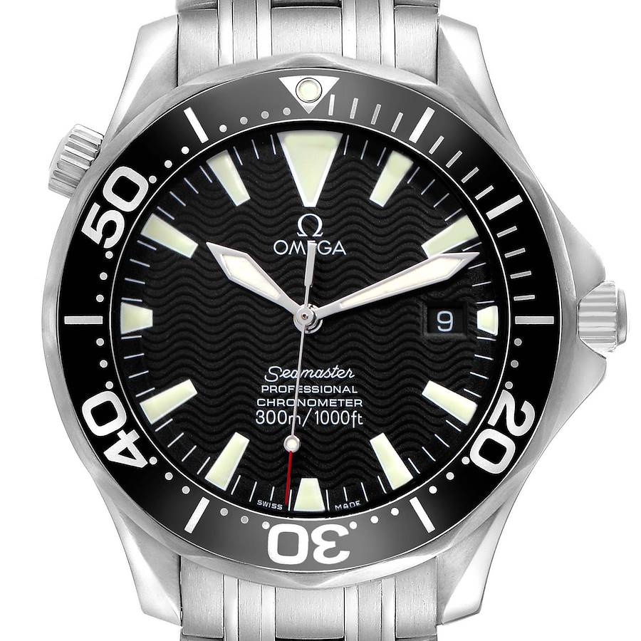 This Omega Seamaster 2254.50.00 Men's Stainless Steel Black Dial watch is shown from a front angle, highlighting the dial, bezel, date window, and stainless steel bracelet.