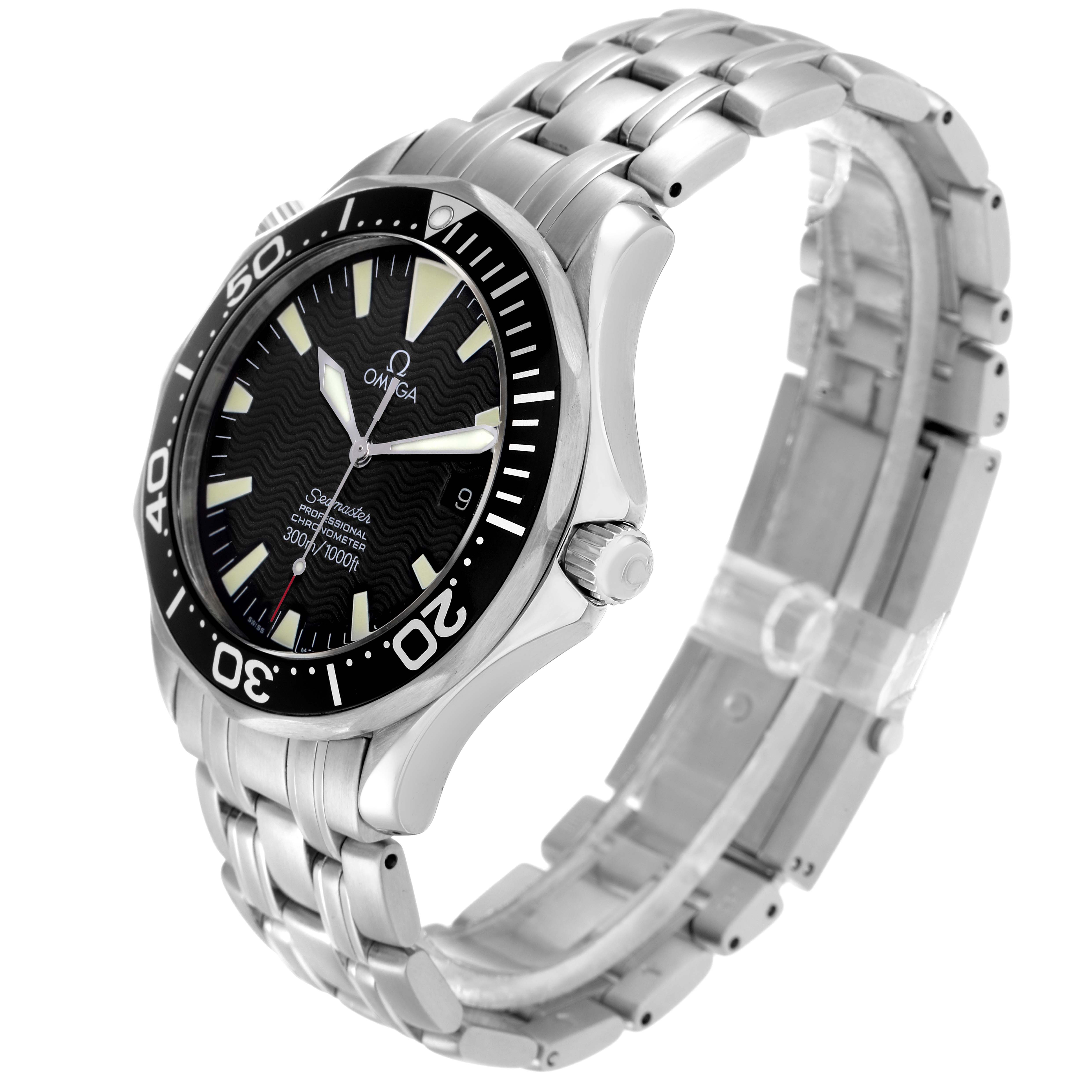 The Omega Seamaster 2254.50.00 Men
s Stainless Steel Black Dial watch is shown at a three-quarter angle, displaying the face, bezel, and bracelet clearly.