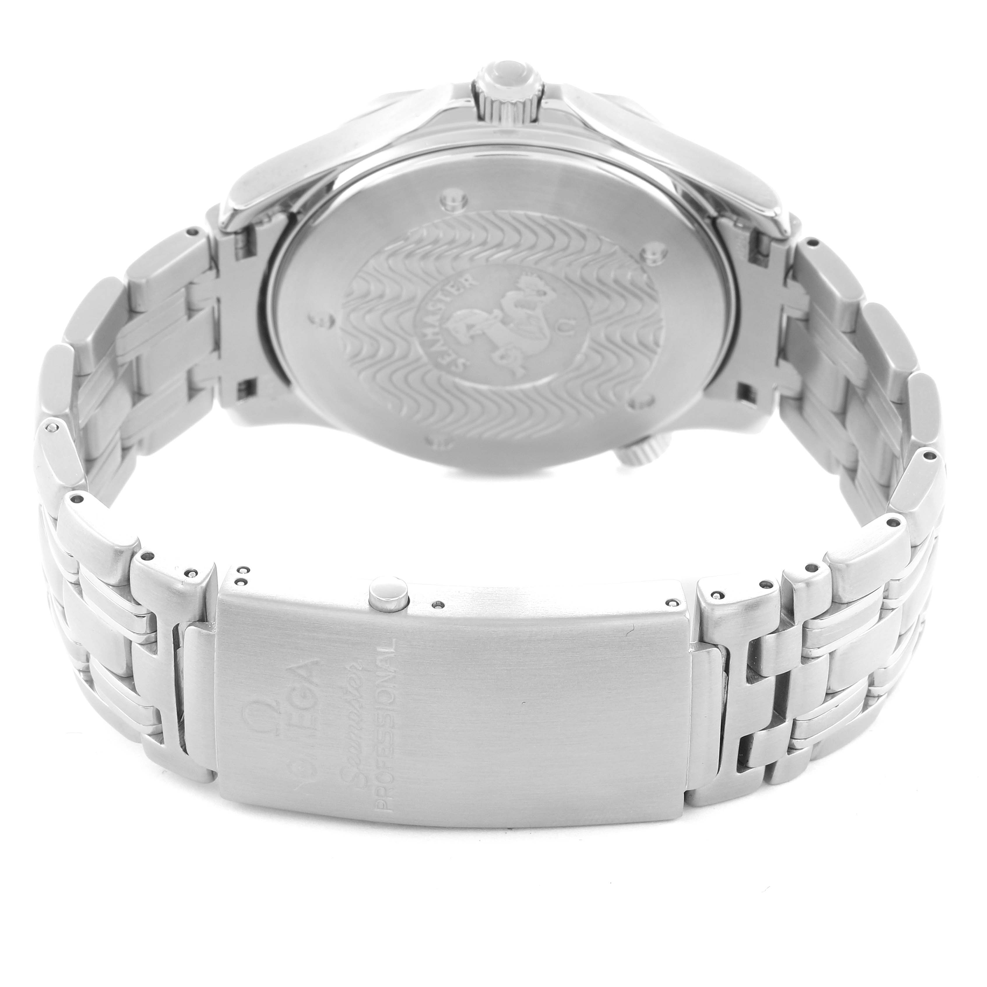 The image shows the back of an Omega Seamaster 2254.50.00 Men
s Stainless Steel Black Dial, highlighting the case back and clasp from an angled rear view.