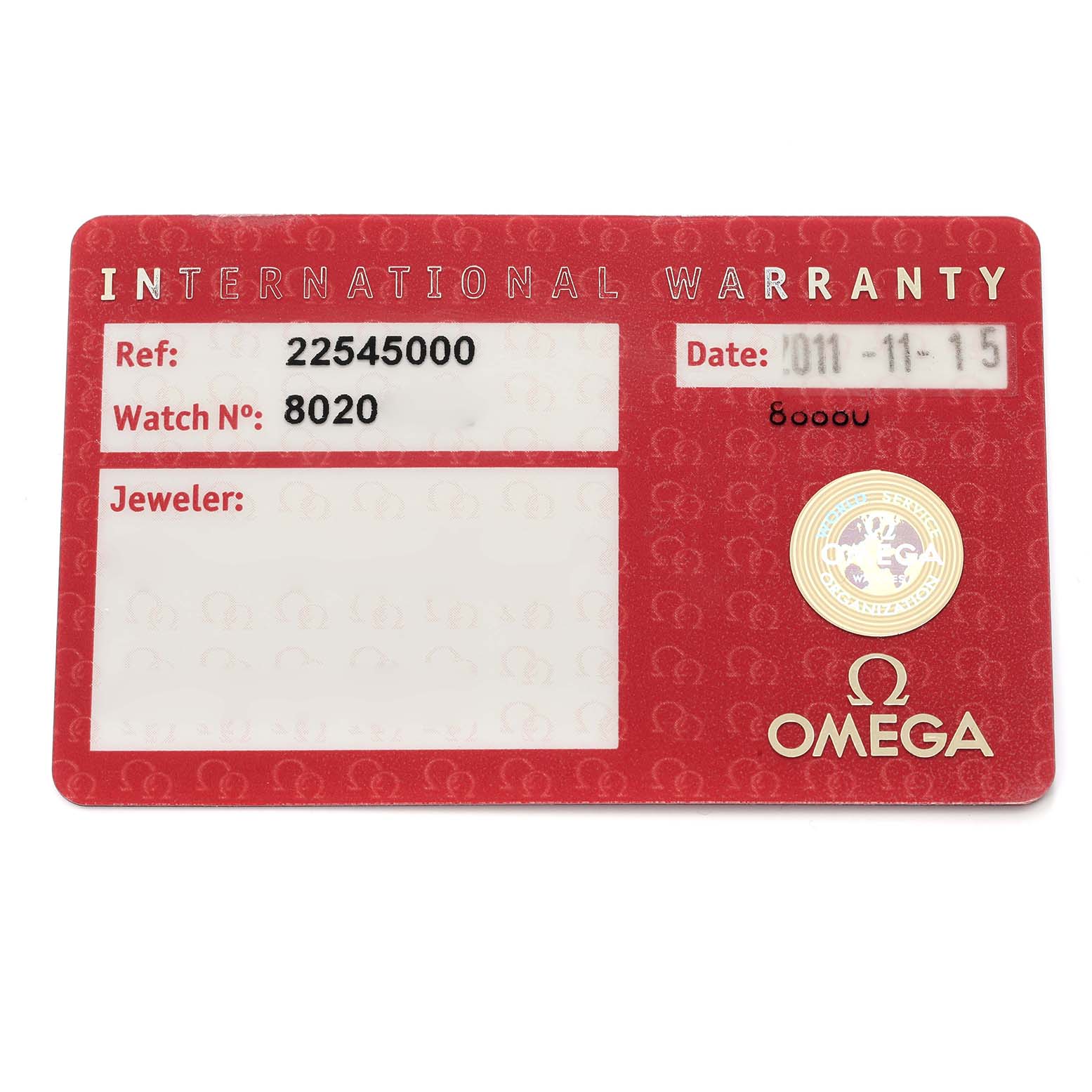 The image shows an Omega Seamaster 2254.50.00 Men
s Stainless Steel Black Dial International Warranty card, displaying reference numbers and a date.