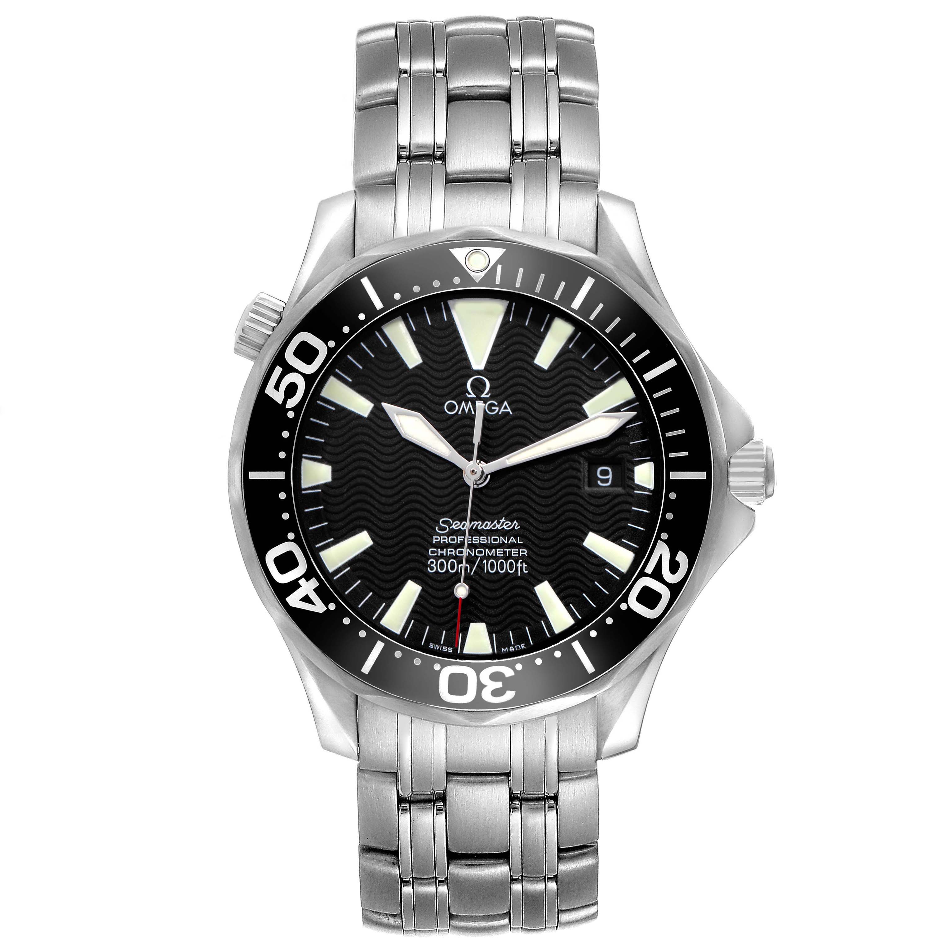 The Omega Seamaster 2254.50.00 Men
s Stainless Steel Black Dial watch is shown from the front, highlighting its face, bezel, and bracelet.