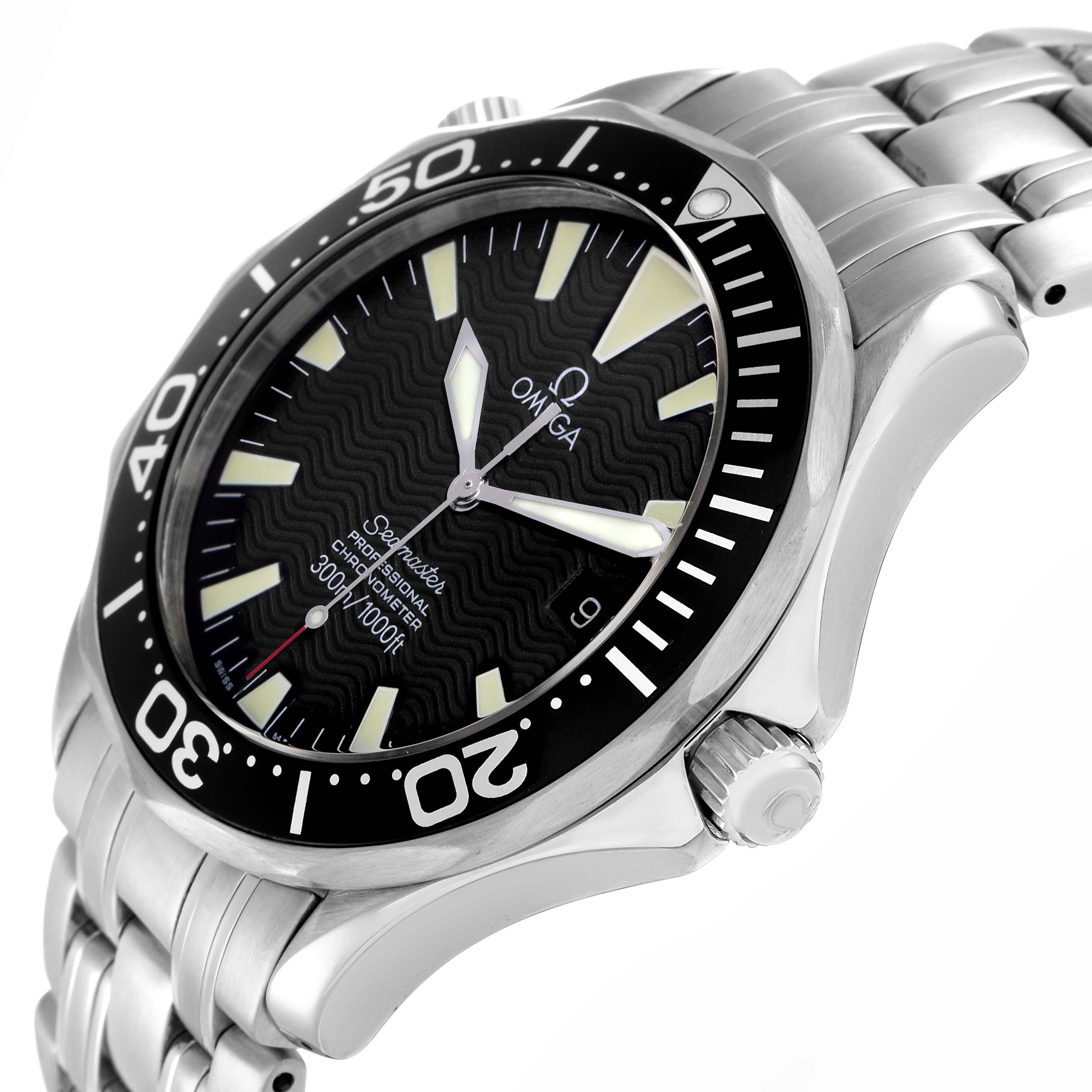 The Omega Seamaster 2254.50.00 Men
s Stainless Steel Black Dial watch is shown at an angled side view, displaying the dial, bezel, crown, and part of the bracelet.