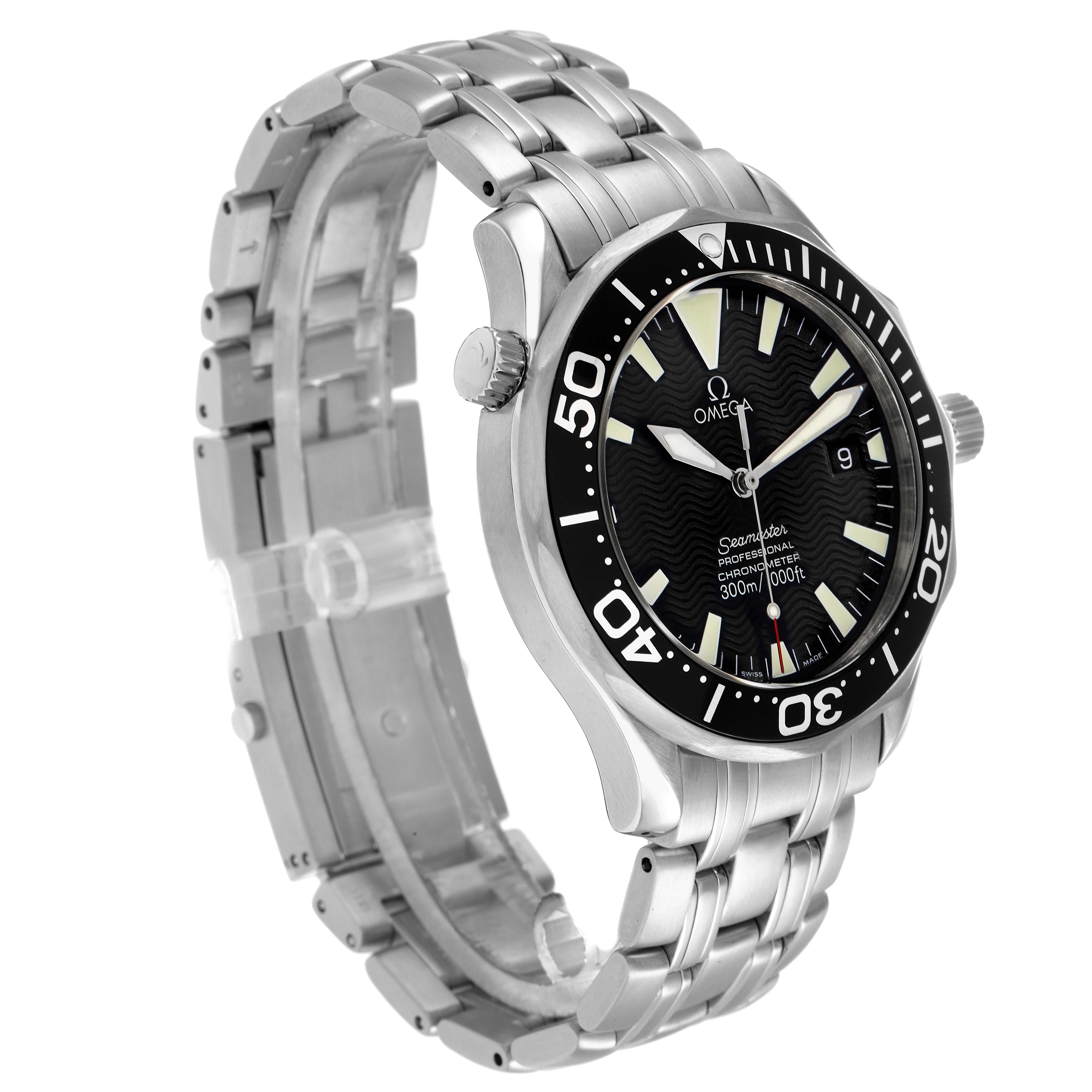 The Omega Seamaster 2254.50.00 Men
s Stainless Steel Black Dial watch is shown from a slightly angled front view, displaying its bezel, dial, and stainless steel bracelet.