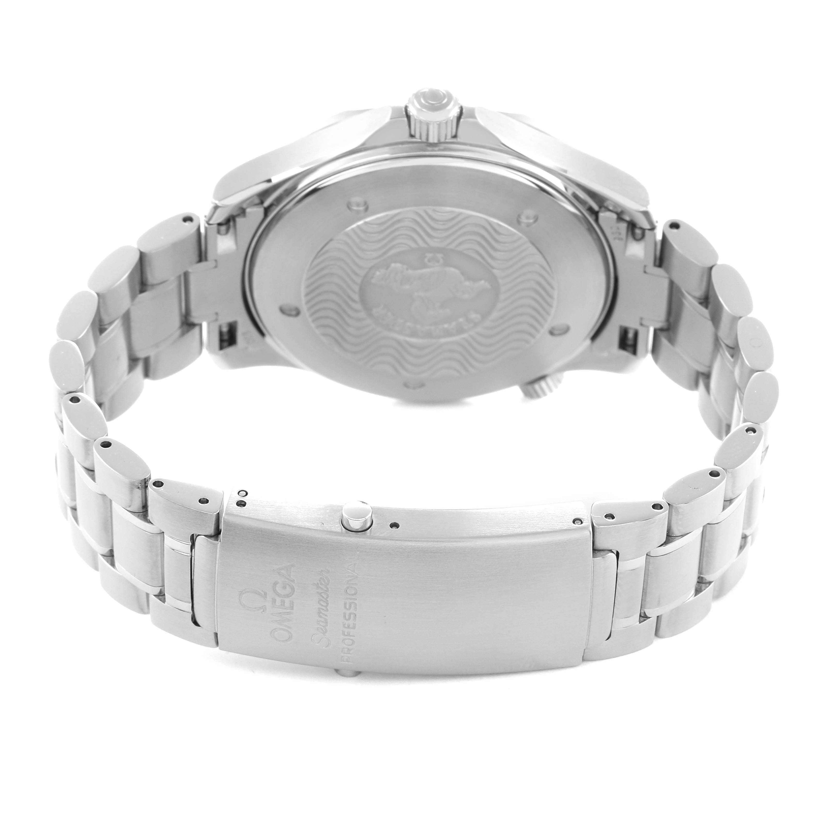 The image shows the back of the Omega Seamaster 2254.50.00 Men
s Stainless Steel Black Dial watch, highlighting its case back and bracelet clasp.