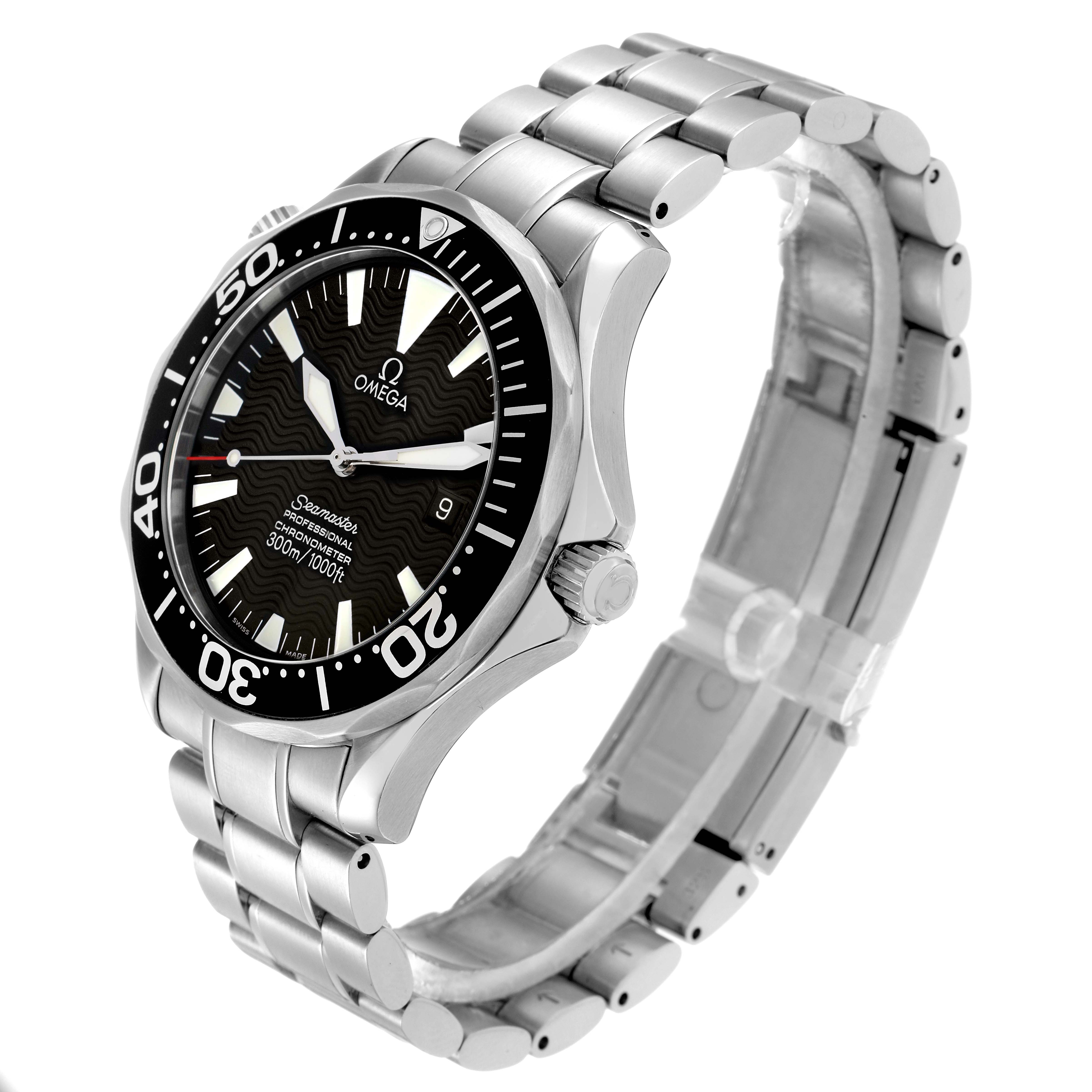 The Omega Seamaster 2254.50.00 Men
s Stainless Steel Black Dial watch is shown at a three-quarter angle, displaying the face, crown, and metal bracelet.