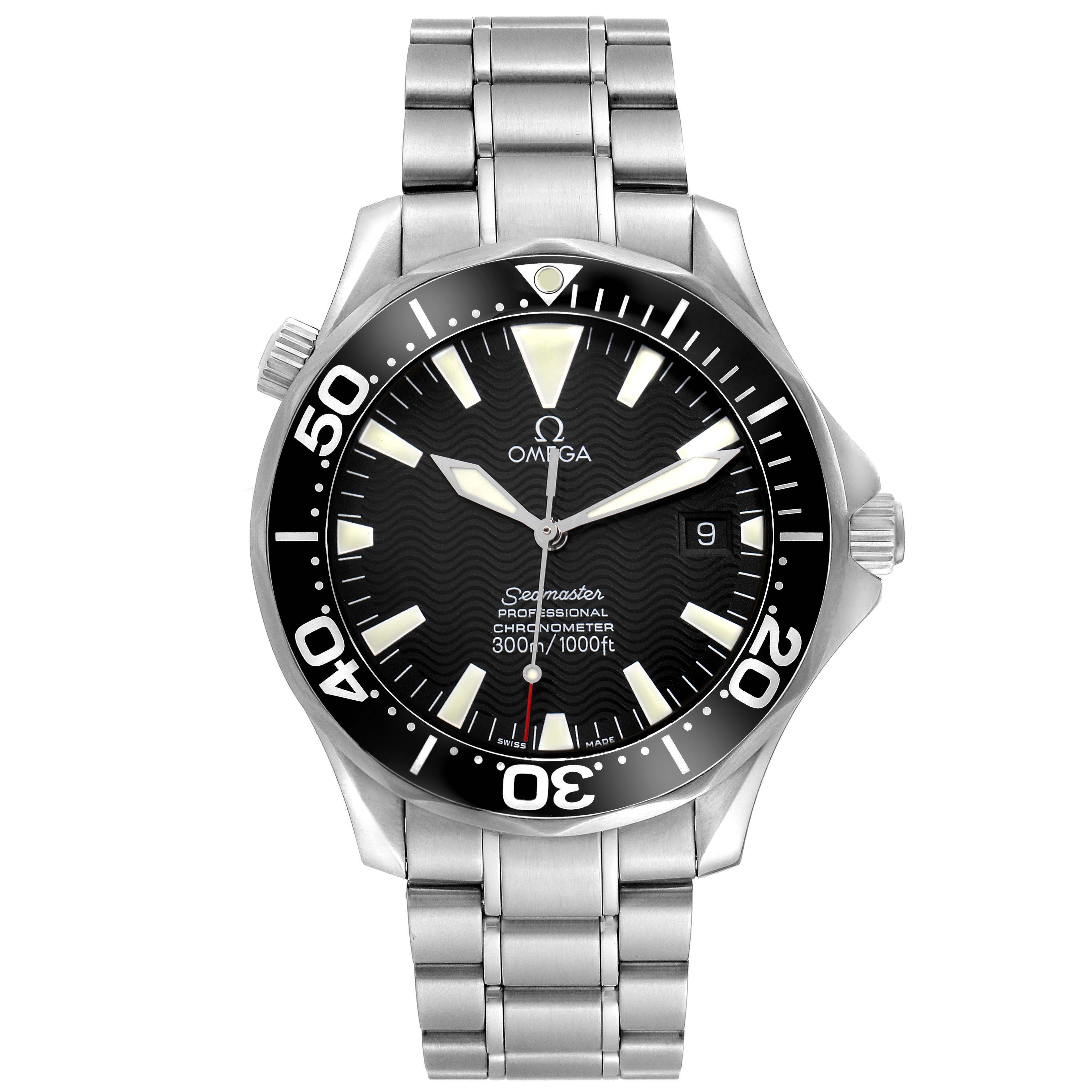 The Omega Seamaster 2254.50.00 Men
s Stainless Steel Black Dial watch is shown from the front, displaying the dial, bezel, hands, crown, and stainless steel bracelet.