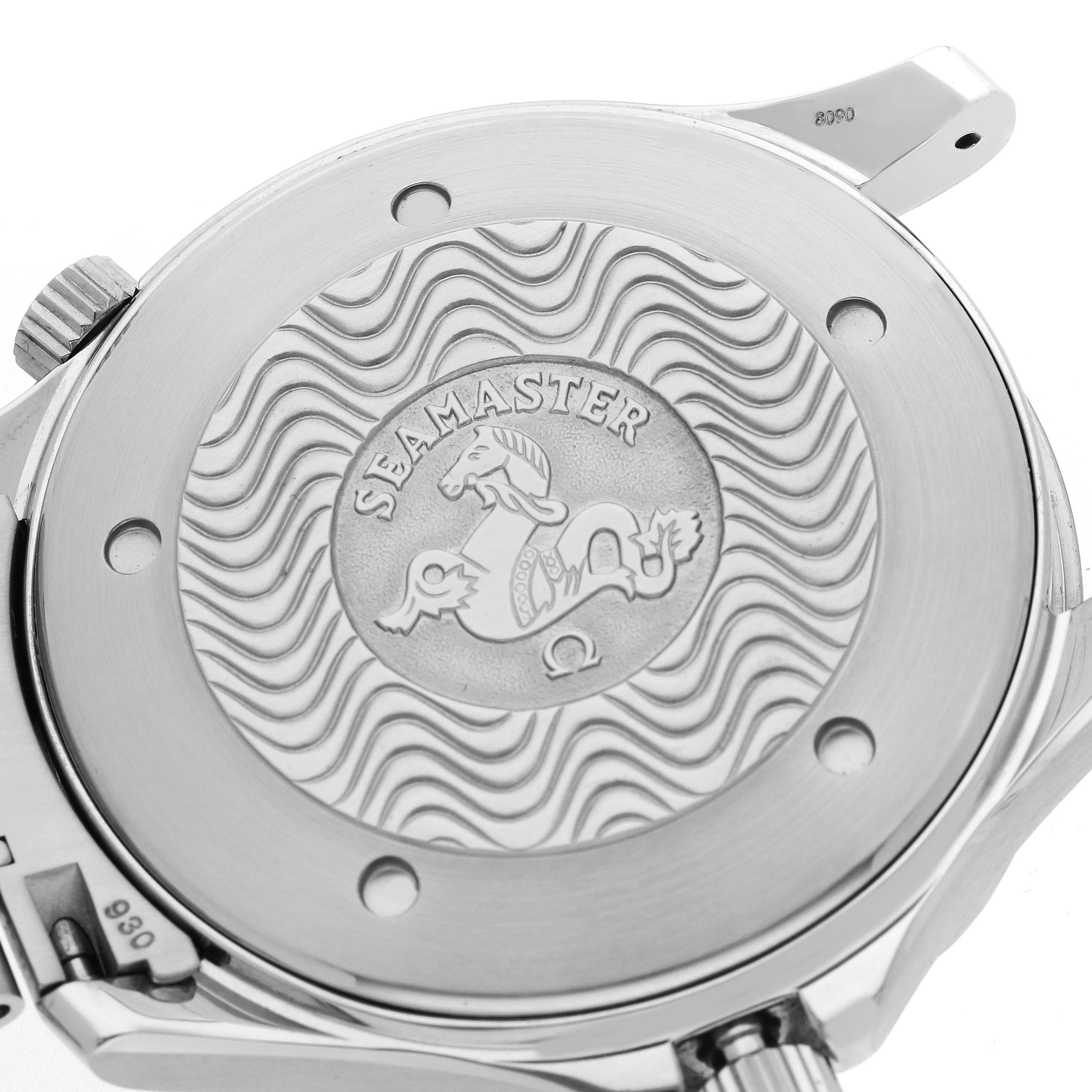 The image shows the back of an Omega Seamaster 2254.50.00 Men
s Stainless Steel Black Dial watch, highlighting the engraved case back and crown.