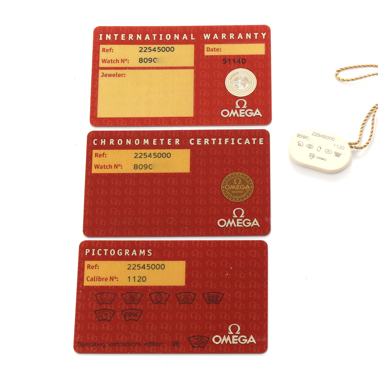 The image shows three Omega Seamaster 2254.50.00 Men
s Stainless Steel Black Dial cards: International Warranty, Chronometer Certificate, and Pictograms, plus a tag.