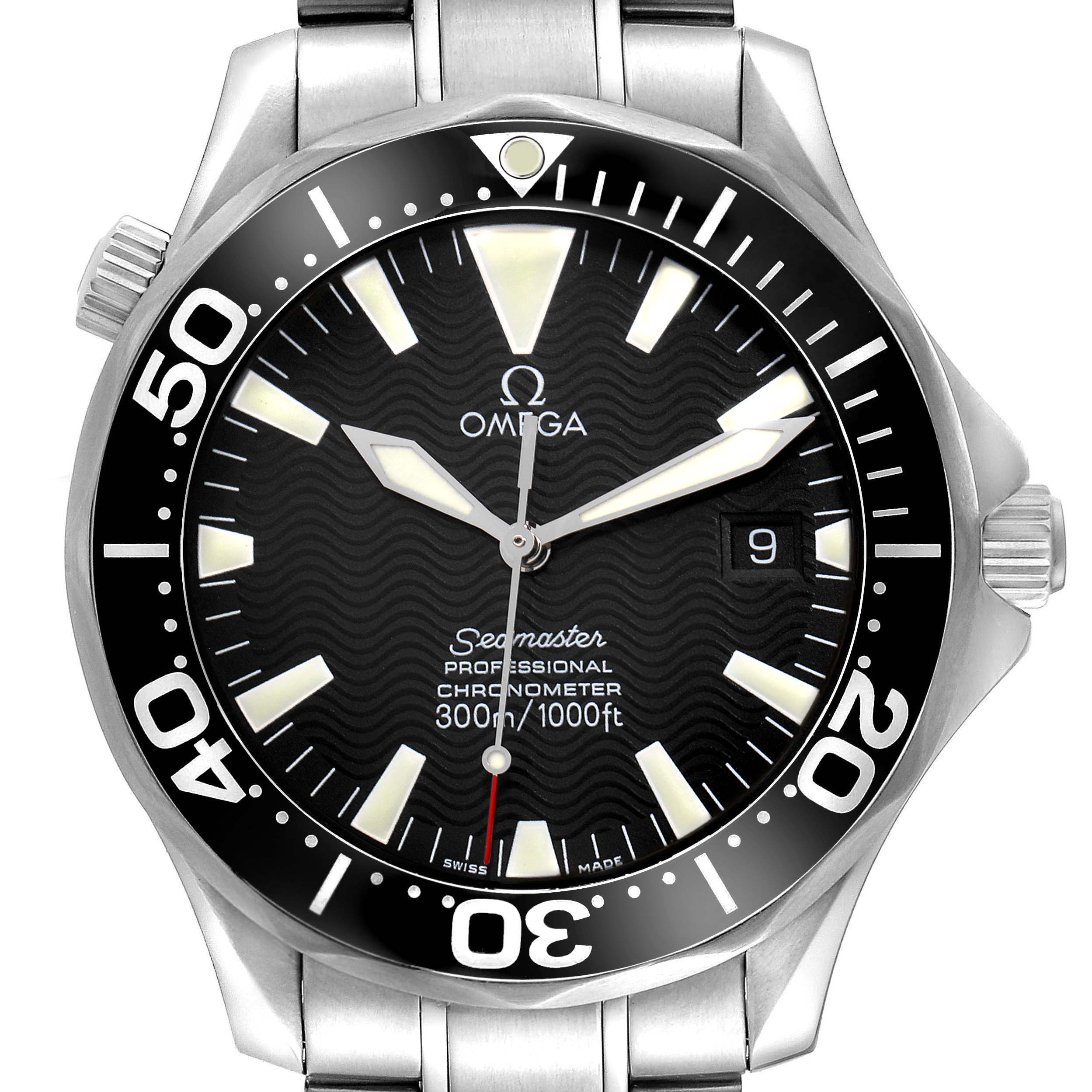 The Omega Seamaster 2254.50.00 Men
s Stainless Steel Black Dial watch is shown in a front view, displaying its dial, bezel, and part of the bracelet.