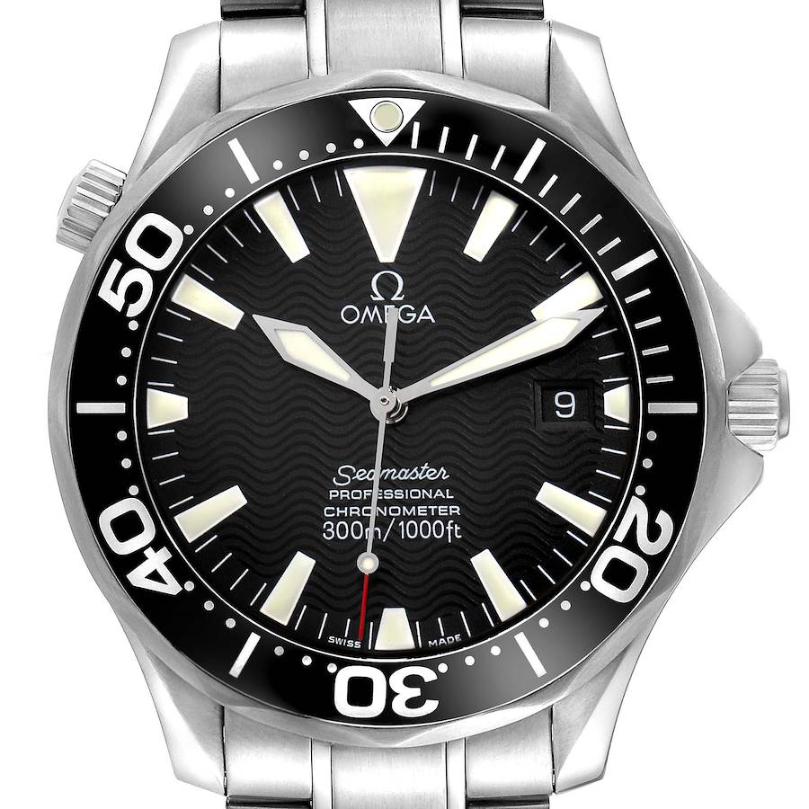 The Omega Seamaster 2254.50.00 Men's Stainless Steel Black Dial watch is shown in a front view, displaying its dial, bezel, and part of the bracelet.