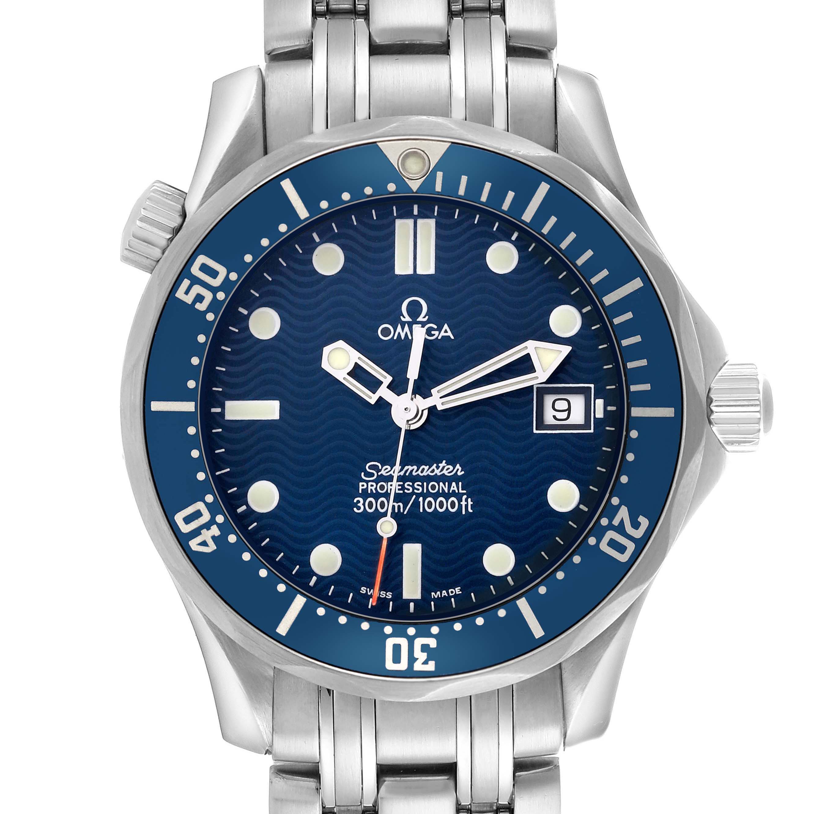 The Omega Seamaster 2561.80.00 Men
s Stainless Steel Blue Dial watch is shown from a front angle, highlighting its blue dial, bezel, hands, and date window.