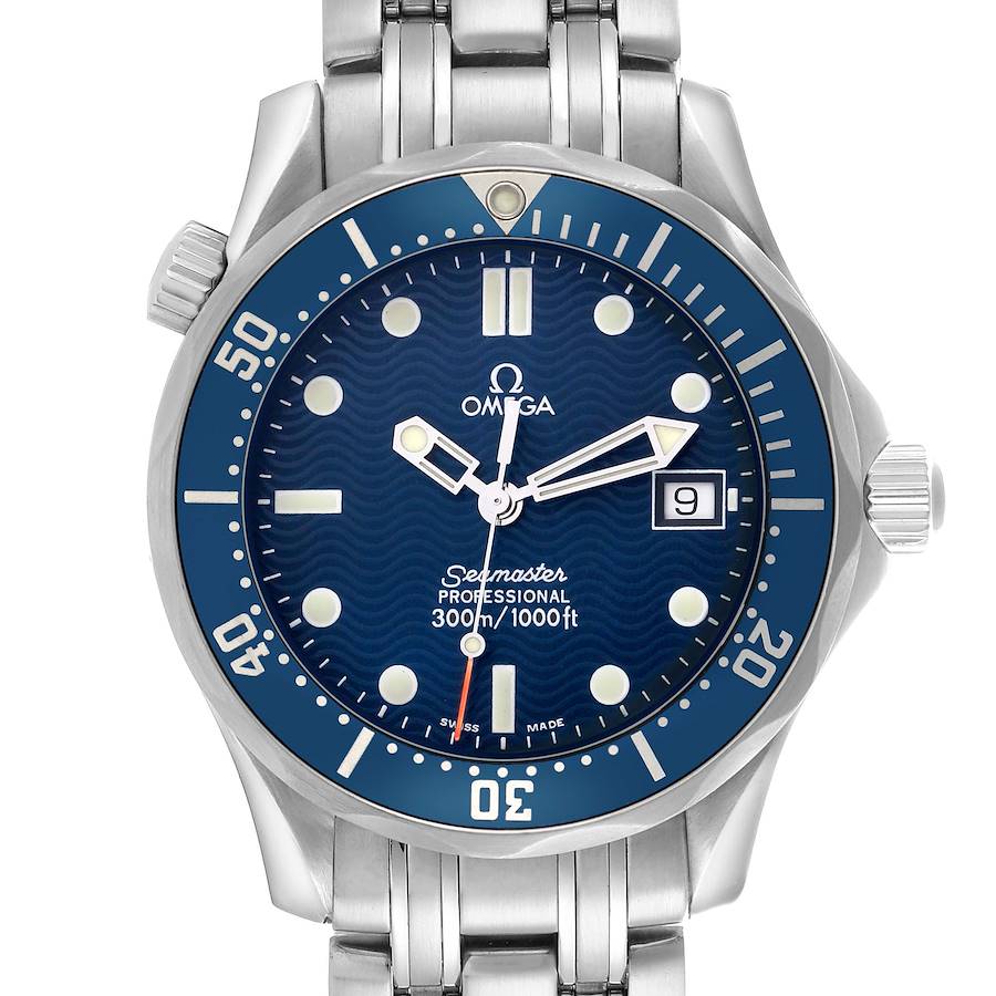 The Omega Seamaster 2561.80.00 Men's Stainless Steel Blue Dial watch is shown from a front angle, highlighting its blue dial, bezel, hands, and date window.