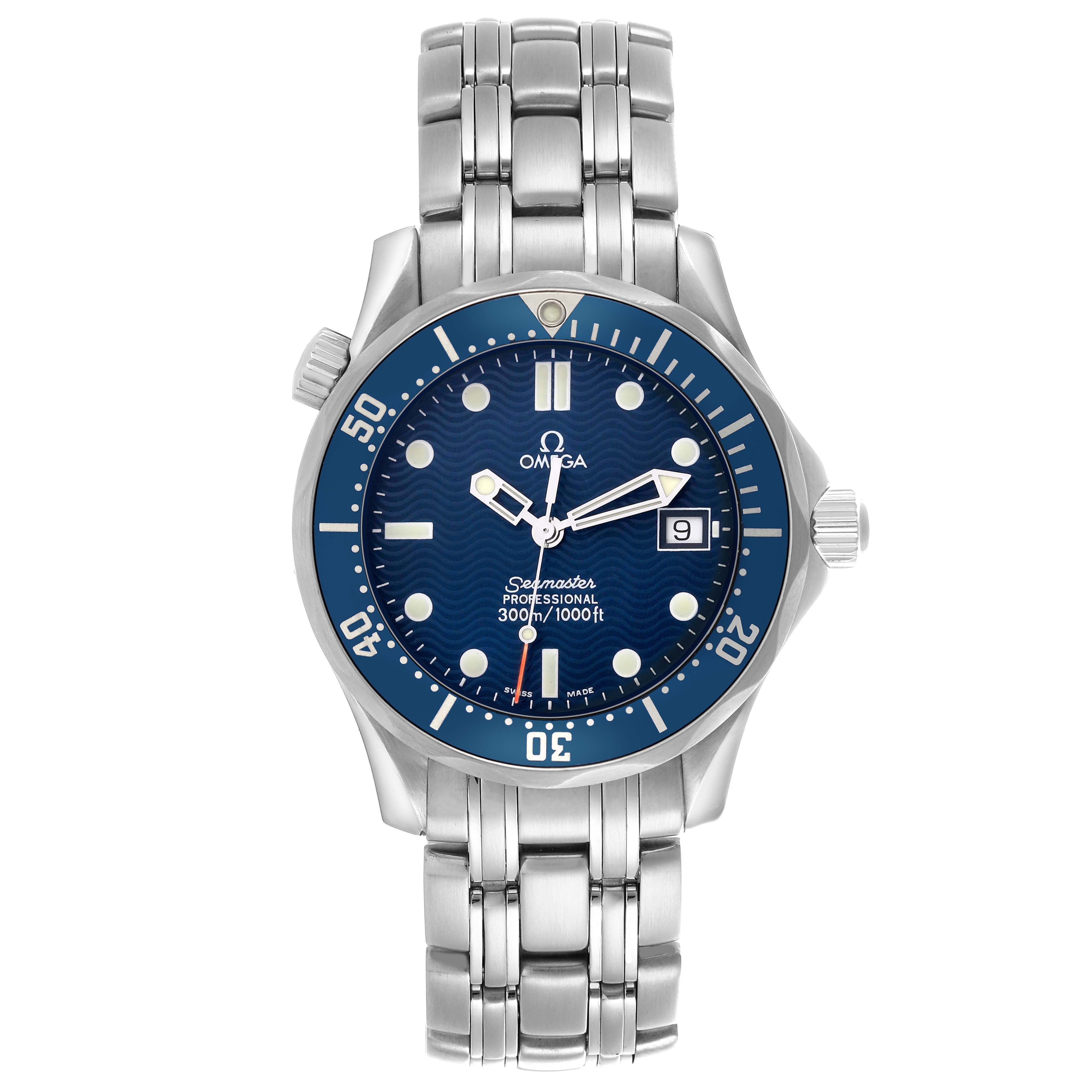 The Omega Seamaster 2561.80.00 Men
s Stainless Steel Blue Dial watch is shown from a front angle, displaying the dial, bezel, bracelet, and crown.
