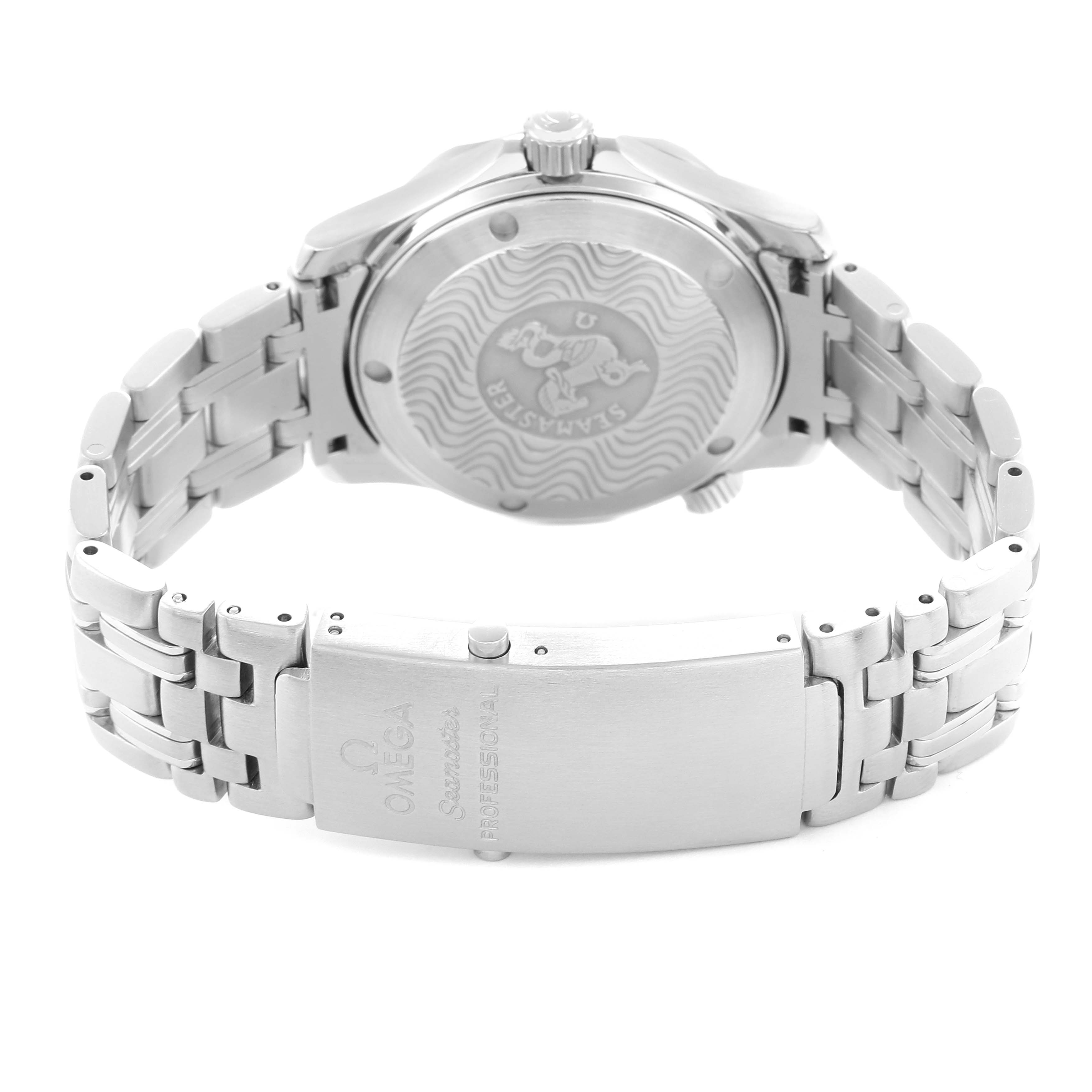 The Omega Seamaster 2561.80.00 Men
s Stainless Steel Blue Dial watch is shown from the back, highlighting the case back, clasp, and bracelet links.