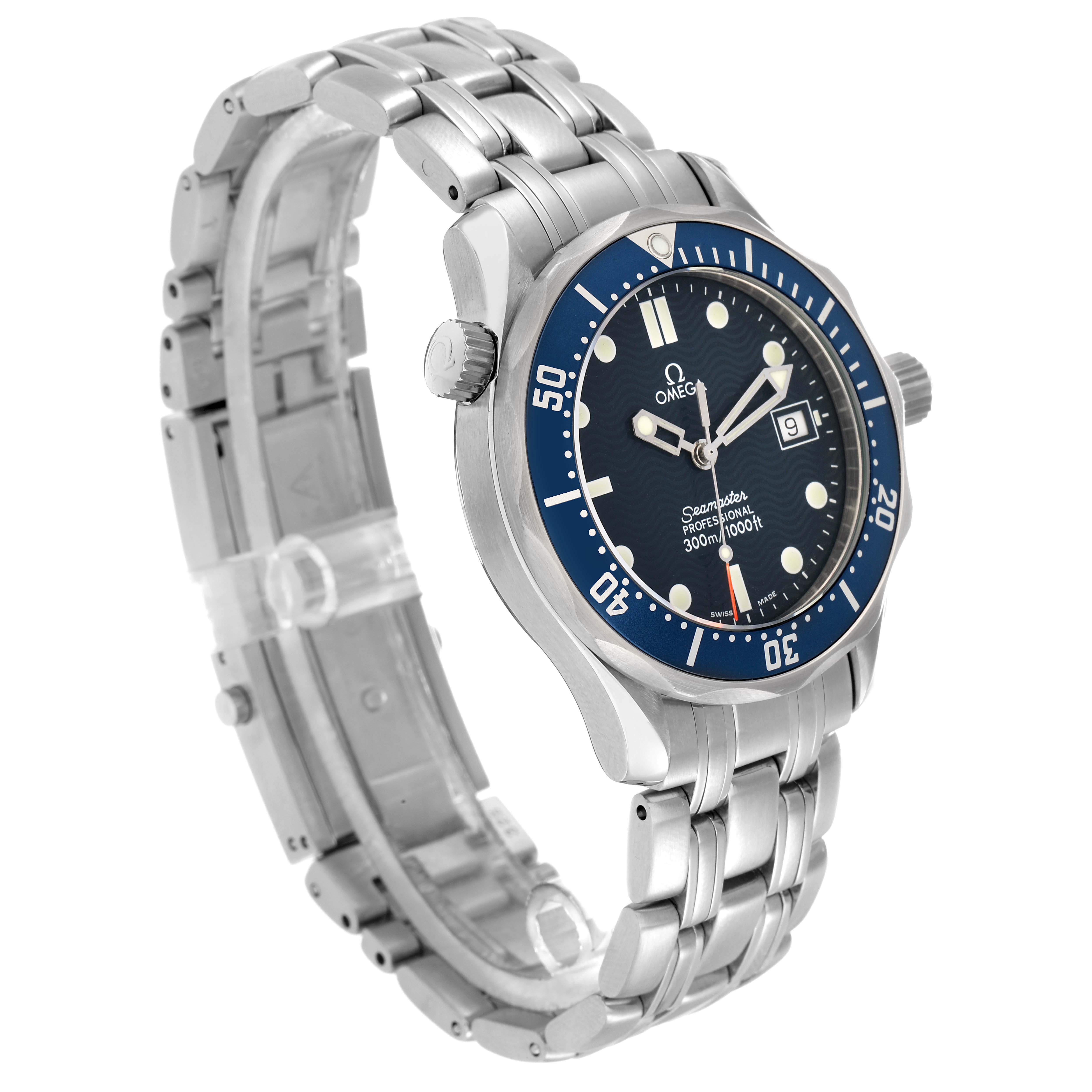 The Omega Seamaster 2561.80.00 Men
s Stainless Steel Blue Dial watch is shown at a slight angle, highlighting the face, bezel, crown, and metal bracelet.