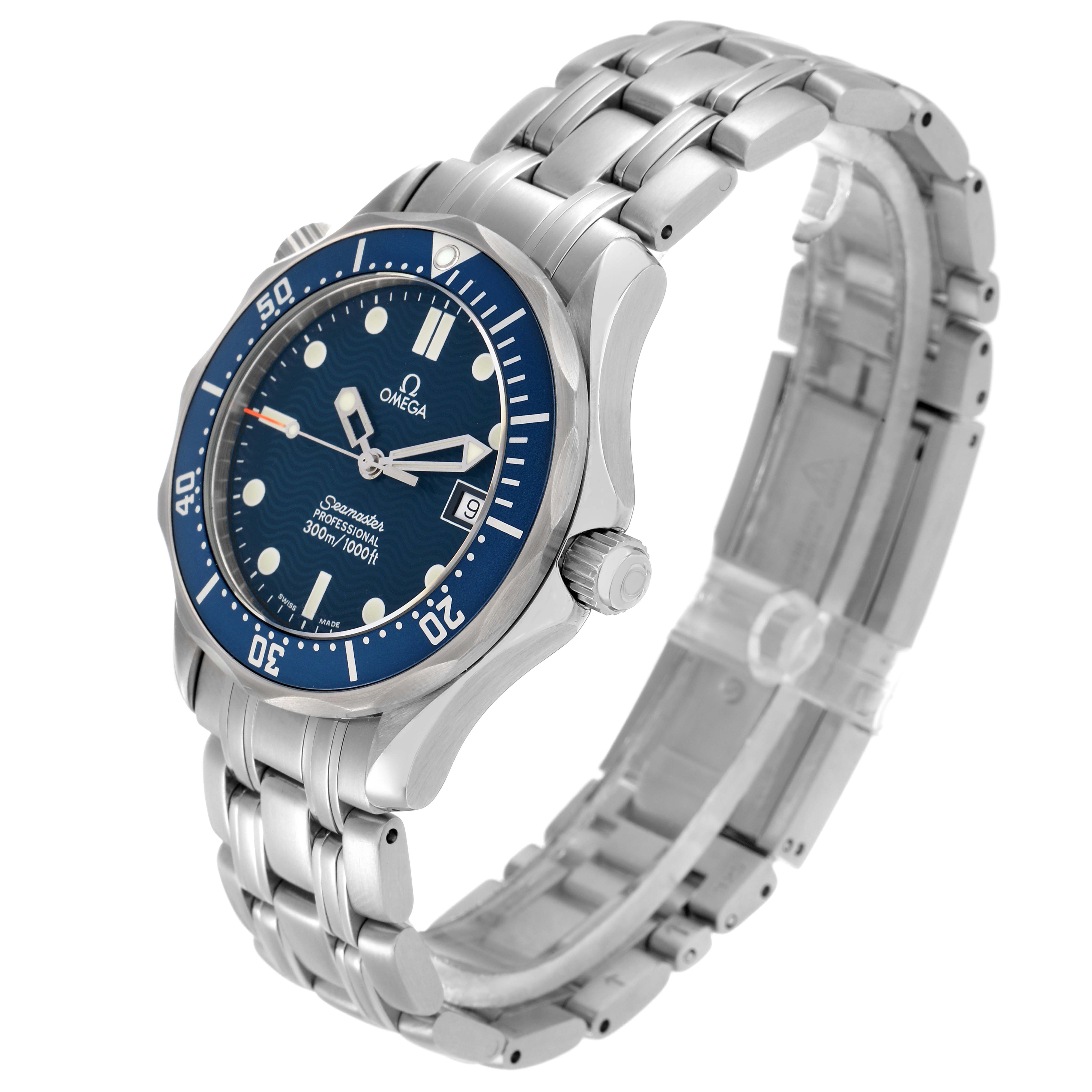 The Omega Seamaster 2561.80.00 Men
s Stainless Steel Blue Dial watch is shown at a three-quarter angle highlighting the face, bezel, crown, and bracelet.
