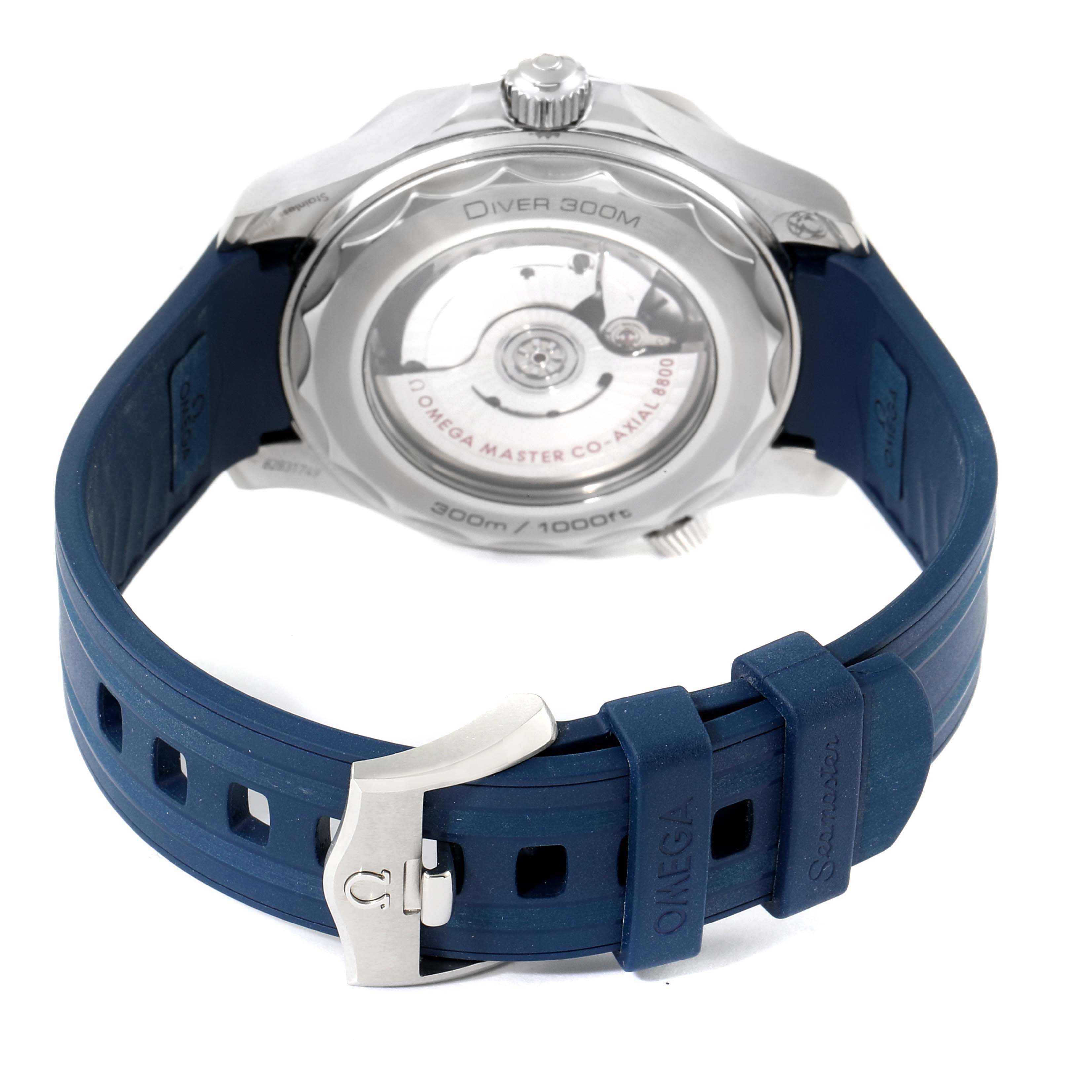 The image shows the back of an Omega Seamaster 210.32.42.20.06.001 Men's Stainless Steel Grey Dial 210.32.42.20.06.001 Men's Stainless Steel Grey Dial watch, featuring its movement and blue rubber strap.