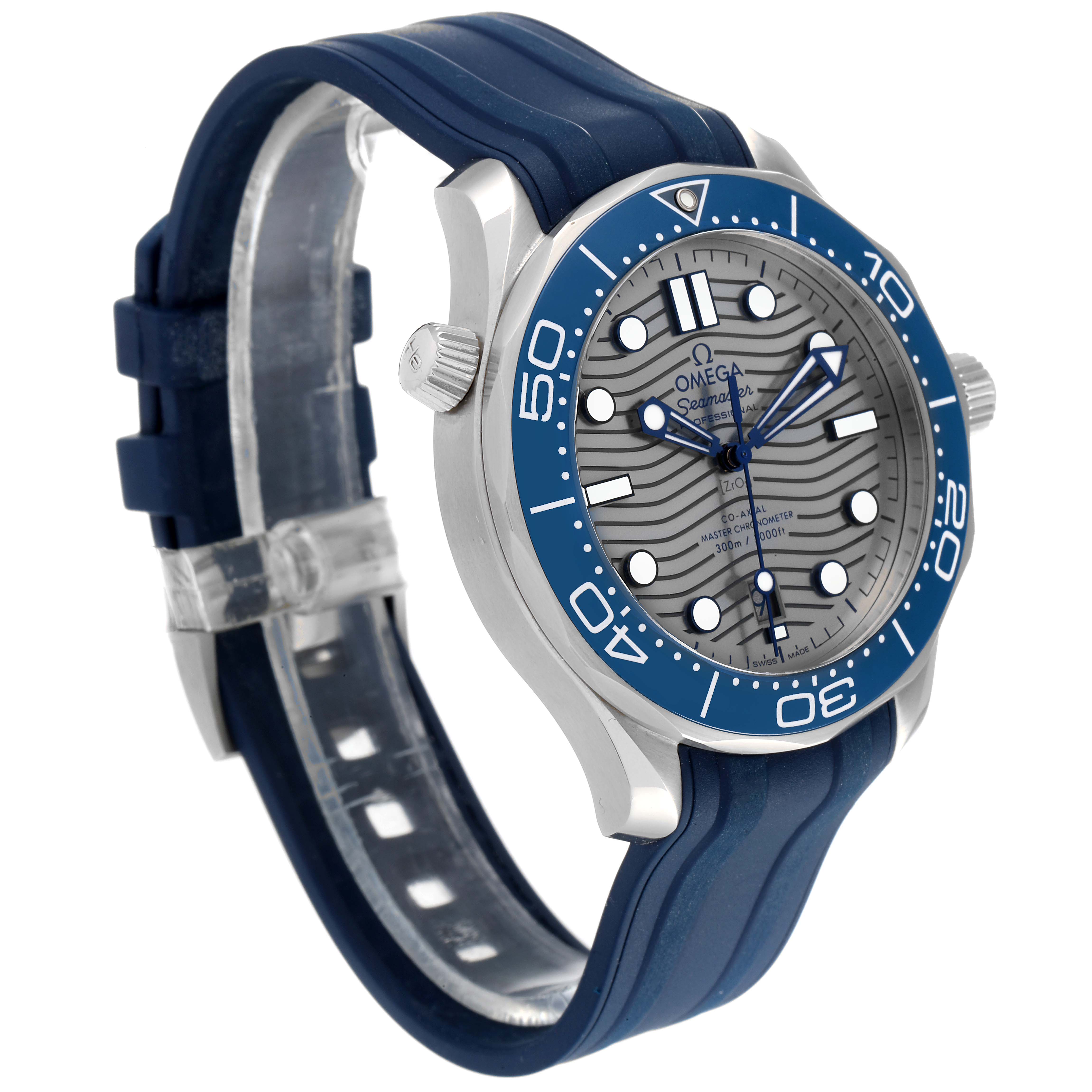 The Omega Seamaster 210.32.42.20.06.001 Men's Stainless Steel Grey Dial 210.32.42.20.06.001 Men's Stainless Steel Grey Dial watch is shown at a three-quarter angle, displaying its blue bezel, dial, and blue strap.