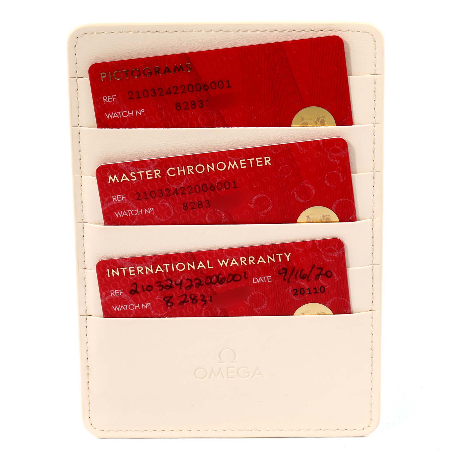 The image shows three red cards in a white holder: Pictograms, Master Chronometer, and International Warranty for the Omega Seamaster 210.32.42.20.06.001 Men's Stainless Steel Grey Dial 210.32.42.20.06.001 Men's Stainless Steel Grey Dial watch.