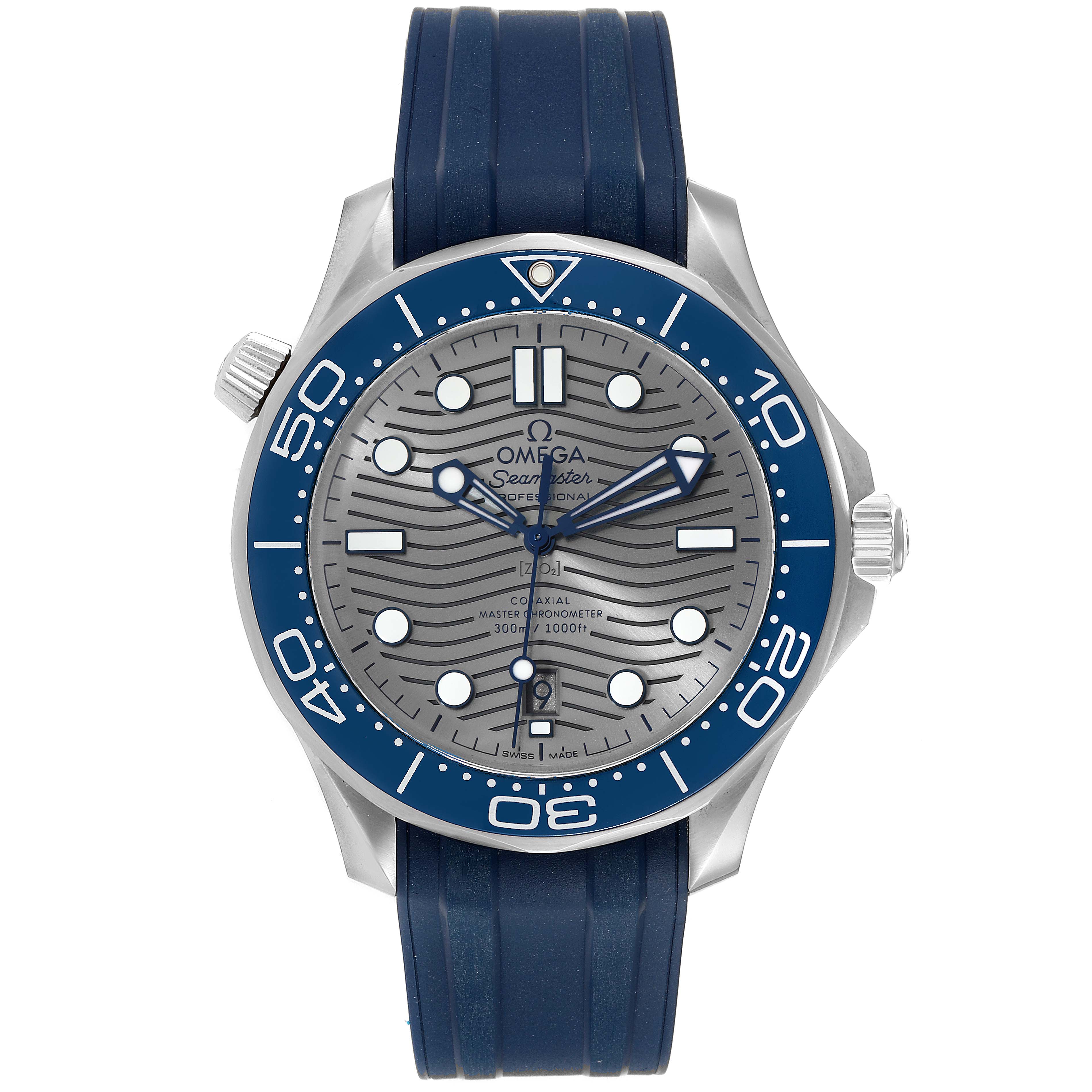 The Omega Seamaster 210.32.42.20.06.001 Men's Stainless Steel Grey Dial 210.32.42.20.06.001 Men's Stainless Steel Grey Dial watch is shown from the front, featuring a blue bezel, gray dial, and blue rubber strap.