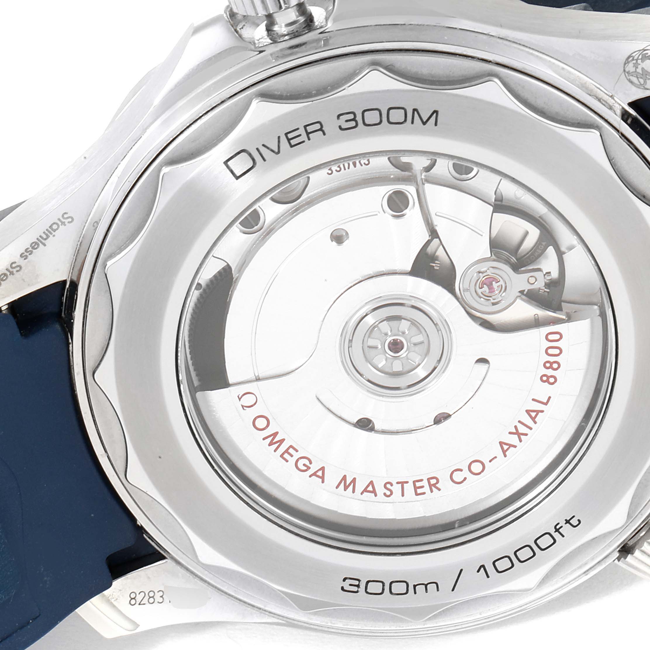 This image shows the back of an Omega Seamaster 210.32.42.20.06.001 Men's Stainless Steel Grey Dial 210.32.42.20.06.001 Men's Stainless Steel Grey Dial watch, highlighting its movement and "Diver 300M" and "Omega Master Co-Axial 8800" engravings.