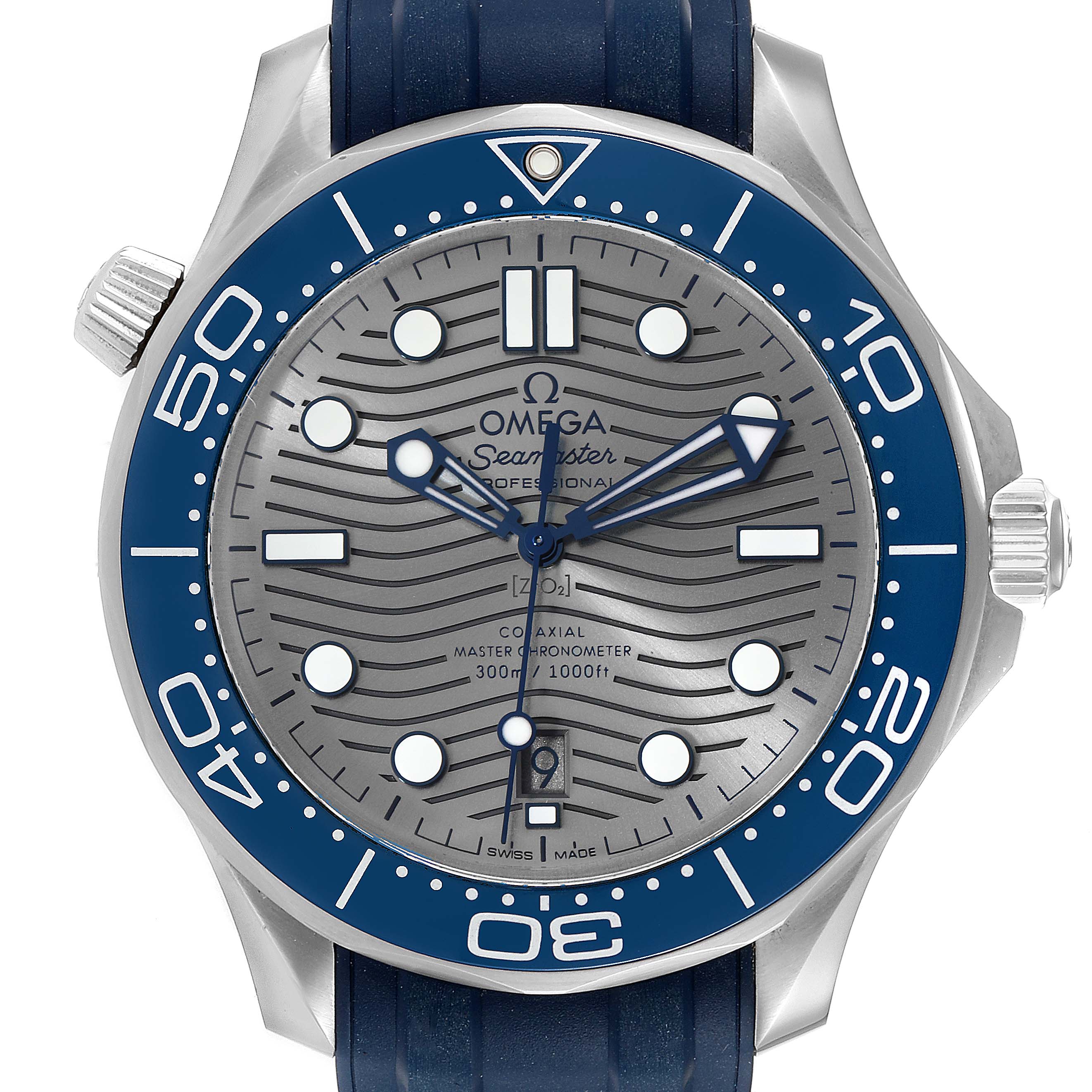 The image shows the front view of an Omega Seamaster 210.32.42.20.06.001 Men's Stainless Steel Grey Dial 210.32.42.20.06.001 Men's Stainless Steel Grey Dial watch, highlighting its dial, bezel, and strap.