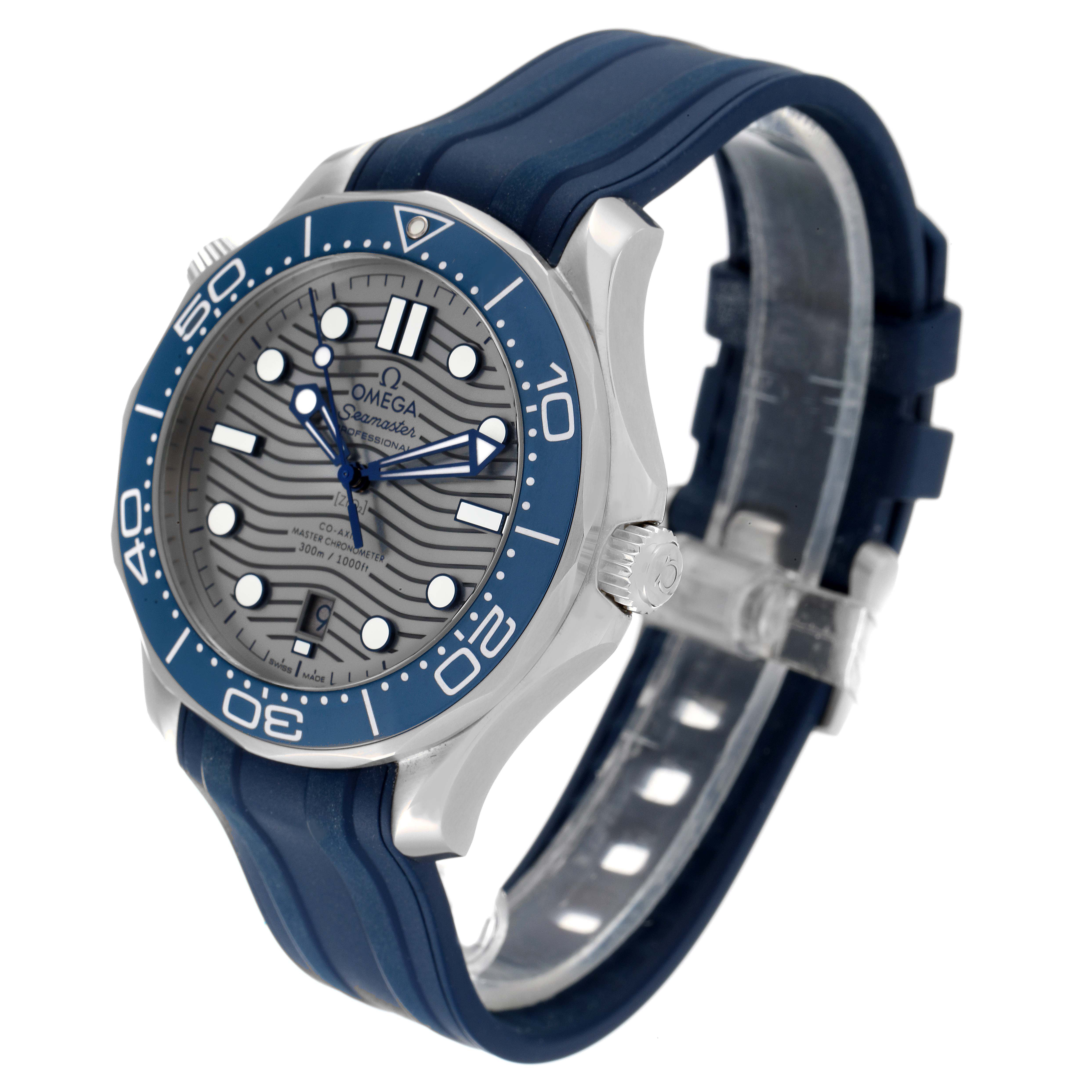 The image shows an angled view of the Omega Seamaster 210.32.42.20.06.001 Men's Stainless Steel Grey Dial 210.32.42.20.06.001 Men's Stainless Steel Grey Dial watch, highlighting its bezel, dial, crown, and blue rubber strap.