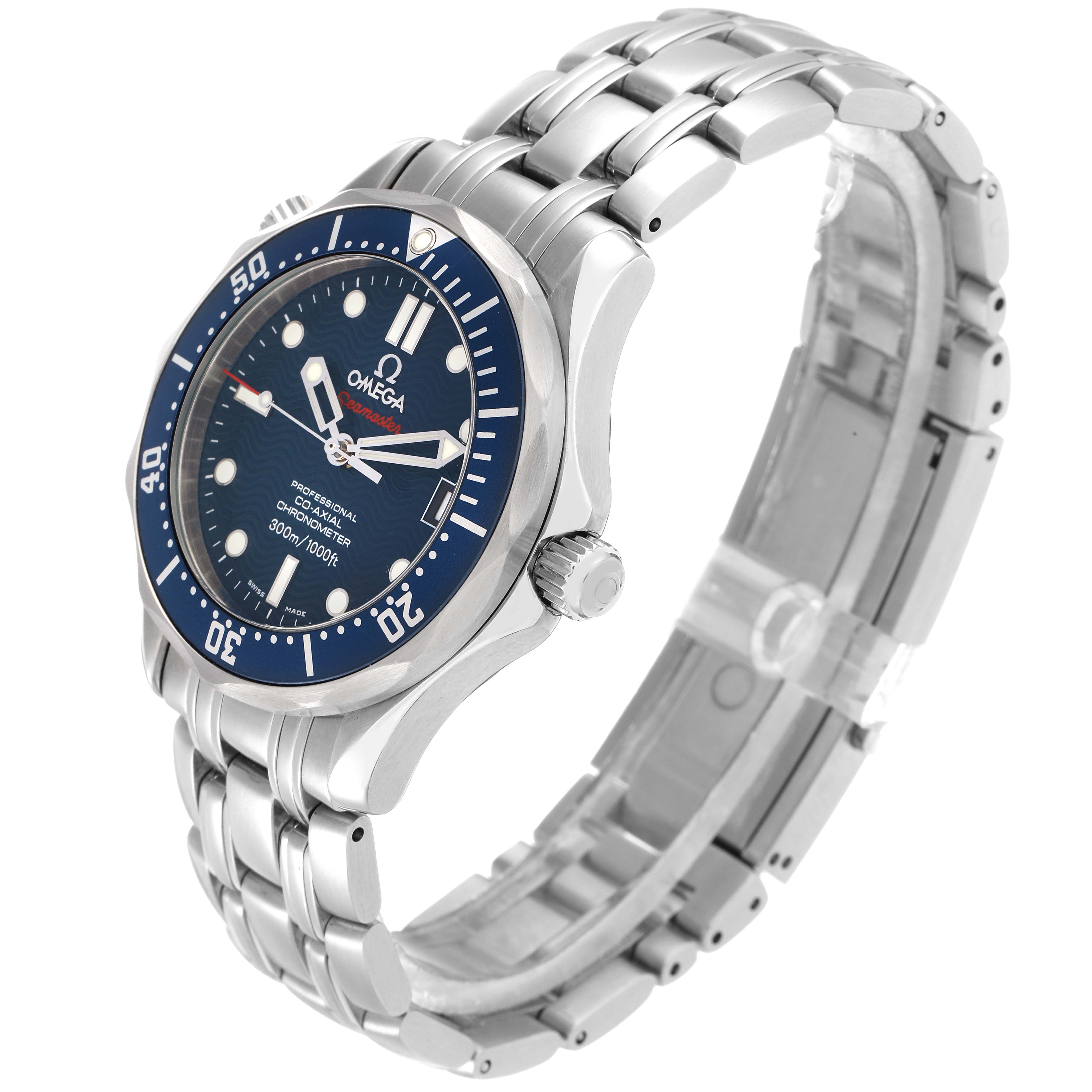 The Omega Seamaster 2222.80.00 Men
s Stainless Steel Blue Dial watch is shown at a three-quarter angle, highlighting the face, bezel, crown, and bracelet.