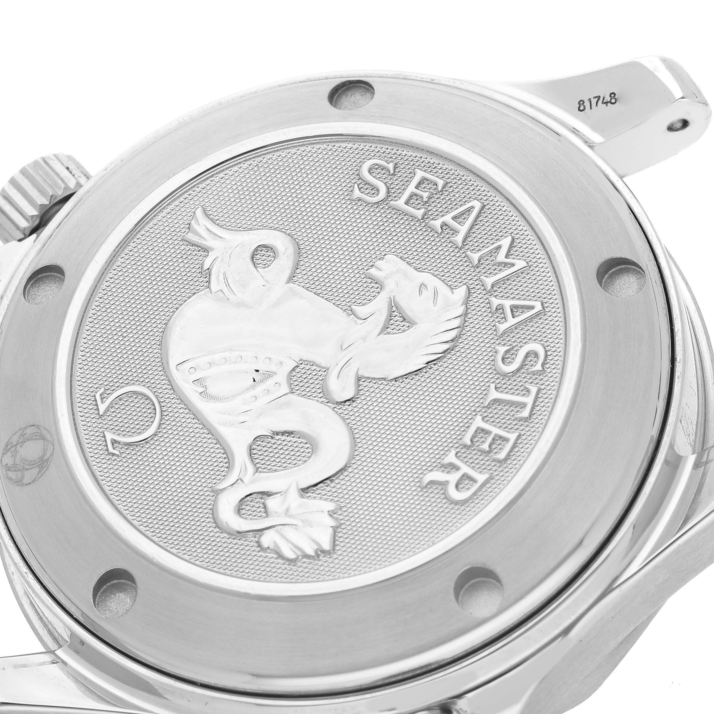 The image shows the back case of an Omega Seamaster 2222.80.00 Men
s Stainless Steel Blue Dial watch, featuring the engraved logo and decorative emblem.