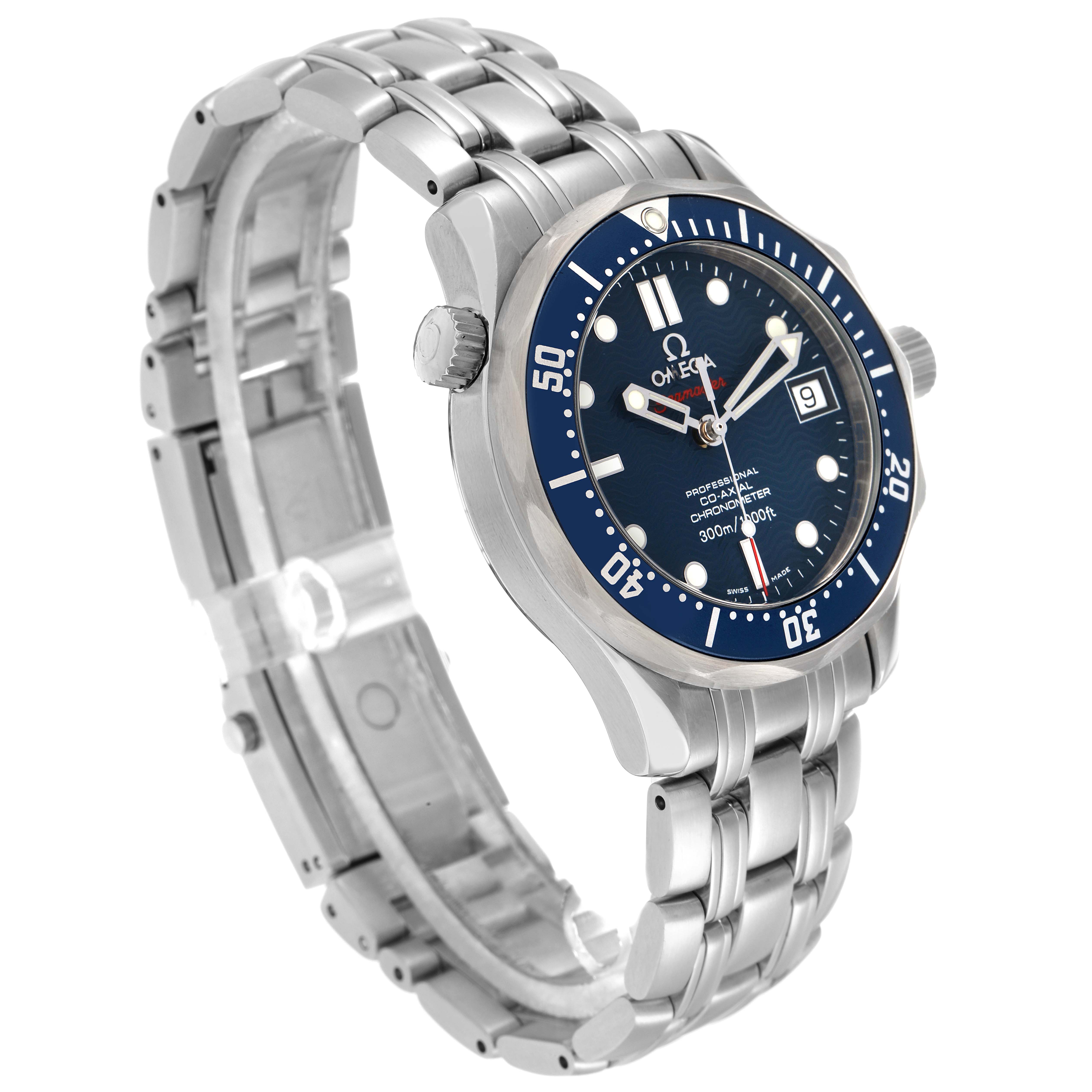 The Omega Seamaster 2222.80.00 Men
s Stainless Steel Blue Dial watch is shown at a three-quarter angle, highlighting the face, bezel, and bracelet.