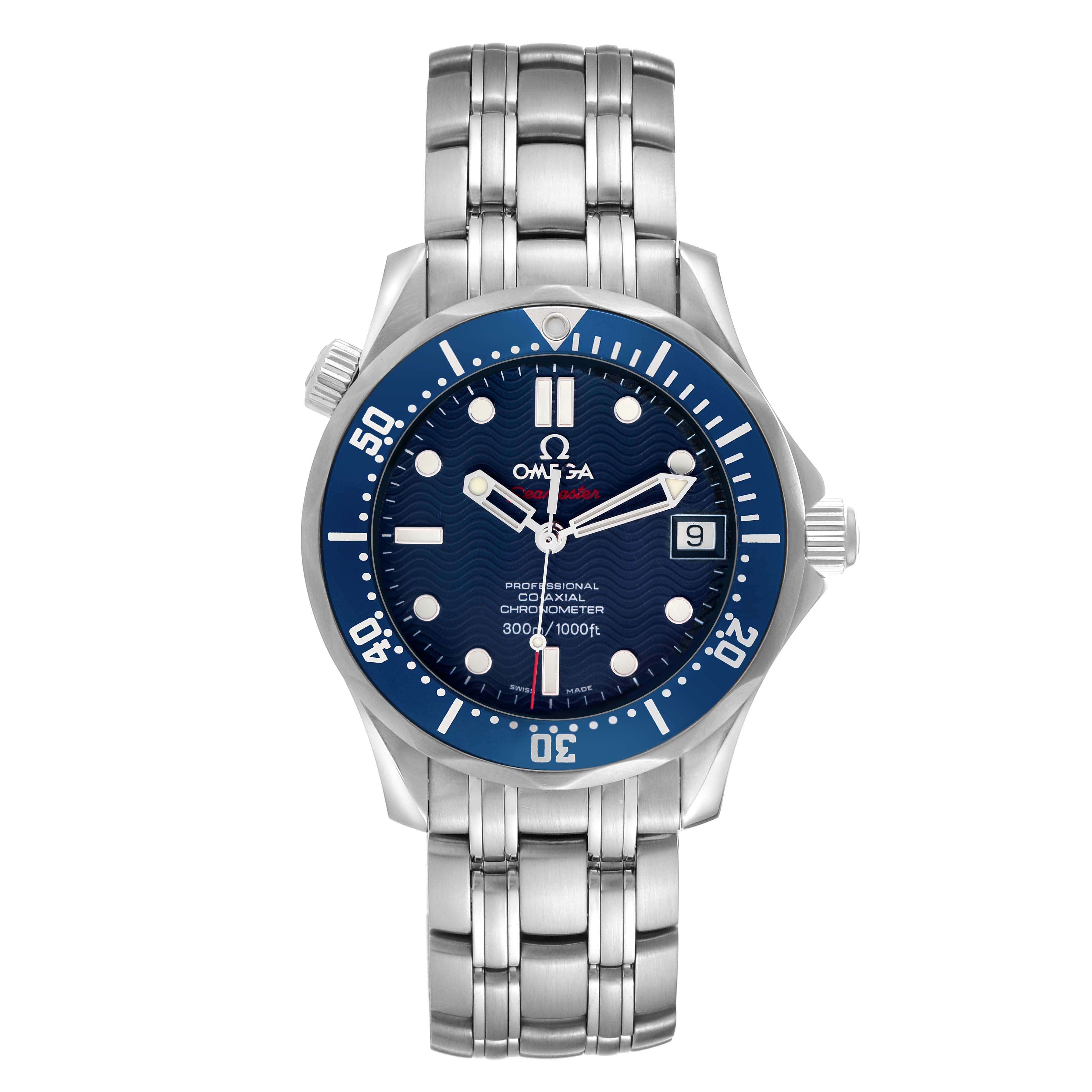 The Omega Seamaster 2222.80.00 Men
s Stainless Steel Blue Dial watch is shown from a front angle, highlighting the blue dial, bezel, and stainless steel bracelet.