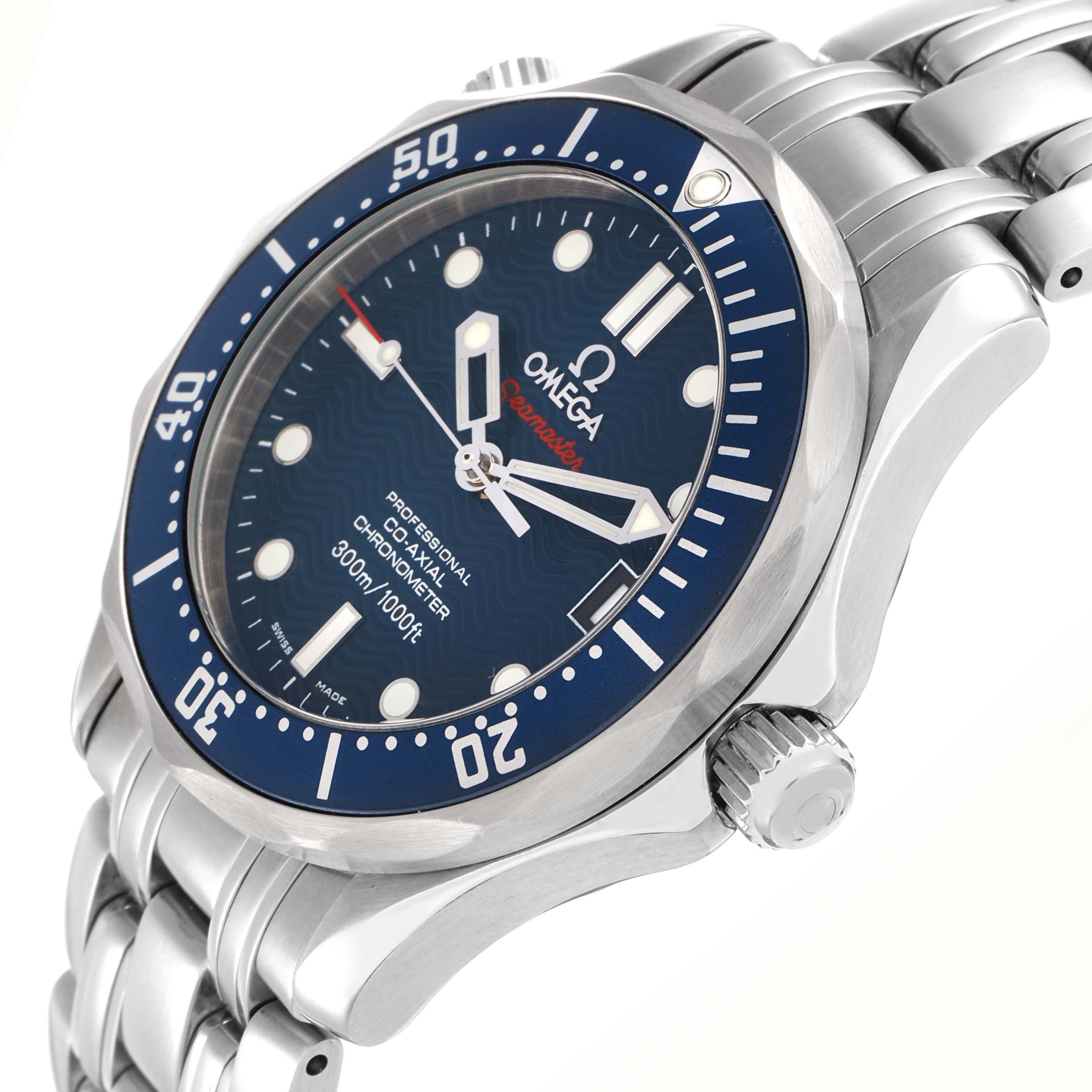 The Omega Seamaster 2222.80.00 Men
s Stainless Steel Blue Dial watch is shown at a tilted angle, highlighting the face, crown, and part of the bracelet.